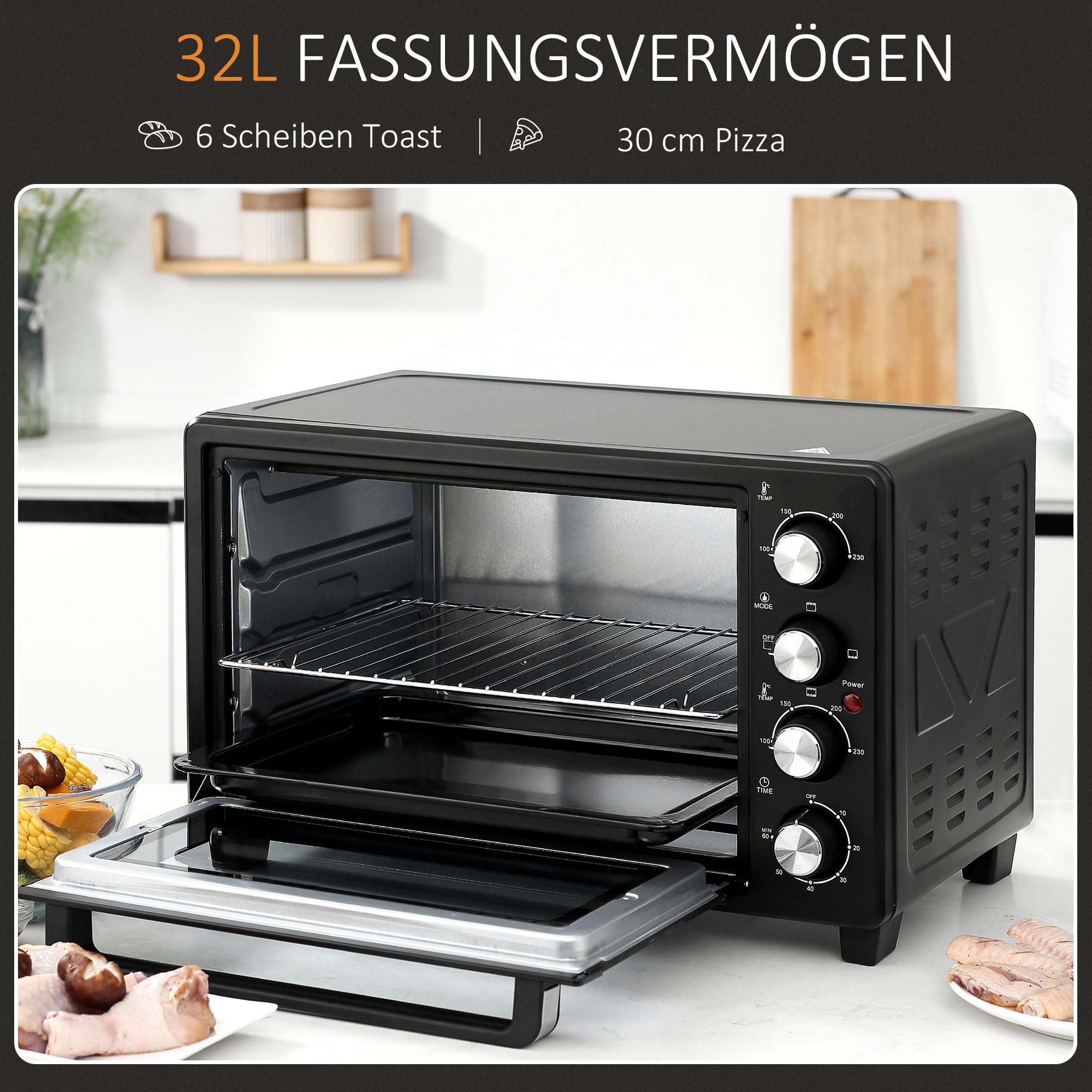 HOMCOM Mini Backofen 32L 100 °C-230 °C 1600 W Mini Ofen mit Backblech Krümelblech Grillrost und 3 Kochmodi Pizzaofen mit Timer Backblech-Griff Edelstahl Schwarz