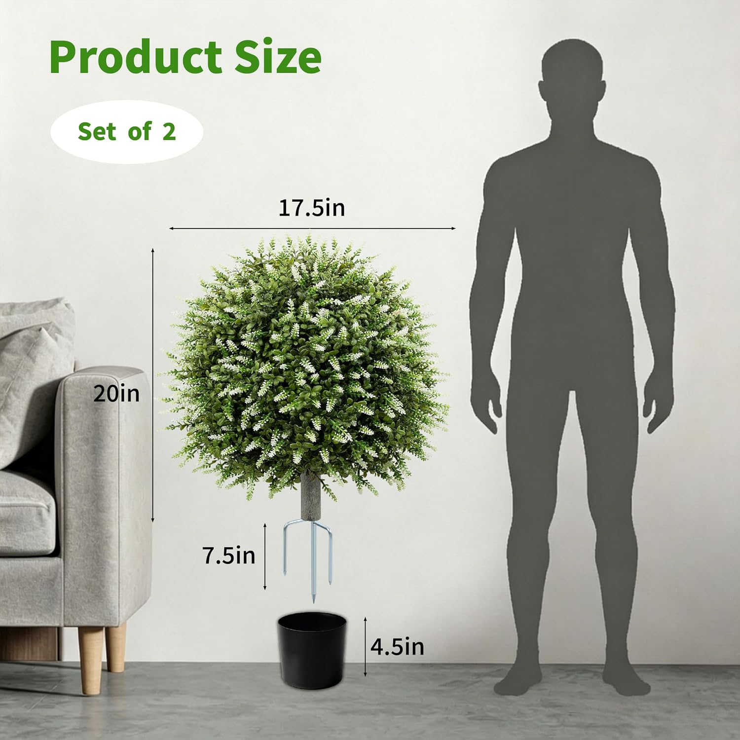 27.5" Artificial Lavender Boxwood Topiary Ball Trees Potted, Set of 2 UV Resistant Fake Bushes Plants with Metal Ground Spikes, Fake Evergreen Shrubs for Indoor Outdoor Decor (White) image 3