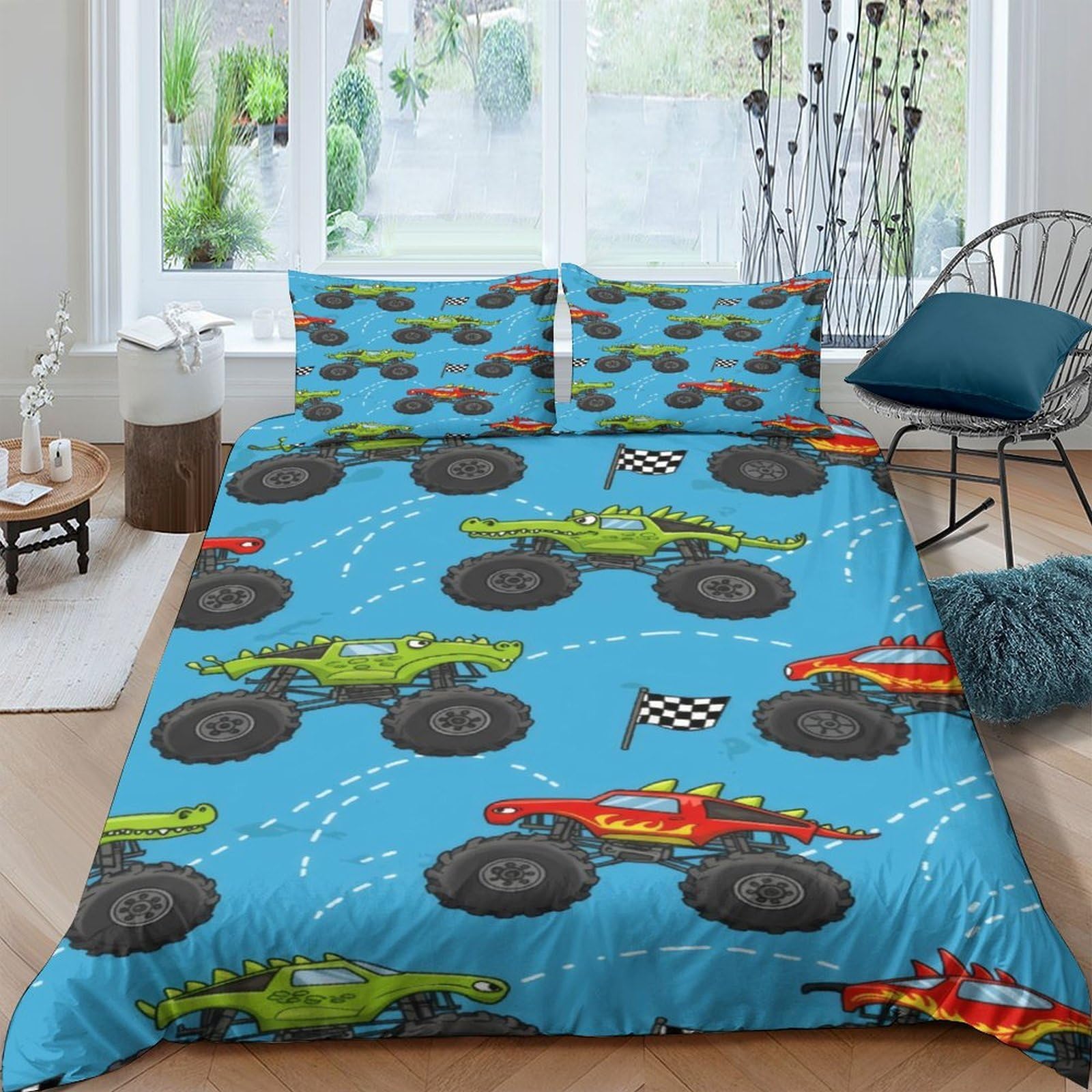 Ctjqhvkz Style-8 3D Printed Monster Truck Fitted Sheet Microfiber Soft Blue Racing Car Bed Cover For Bedroom Guestroom Dorm Mattress Protection Single（135X200cm）