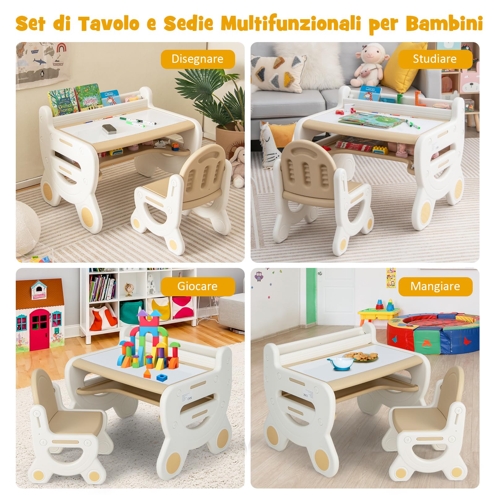 COSTWAY Set Tavolo e sedia per Bambini, Tavolo per Bambini con Sedia, Tavolo da Disegno Cancellabile e Ripiano, per Disegnare, Leggere, Giocare, Ideale per Bambini 3-8 Anni (Brown)