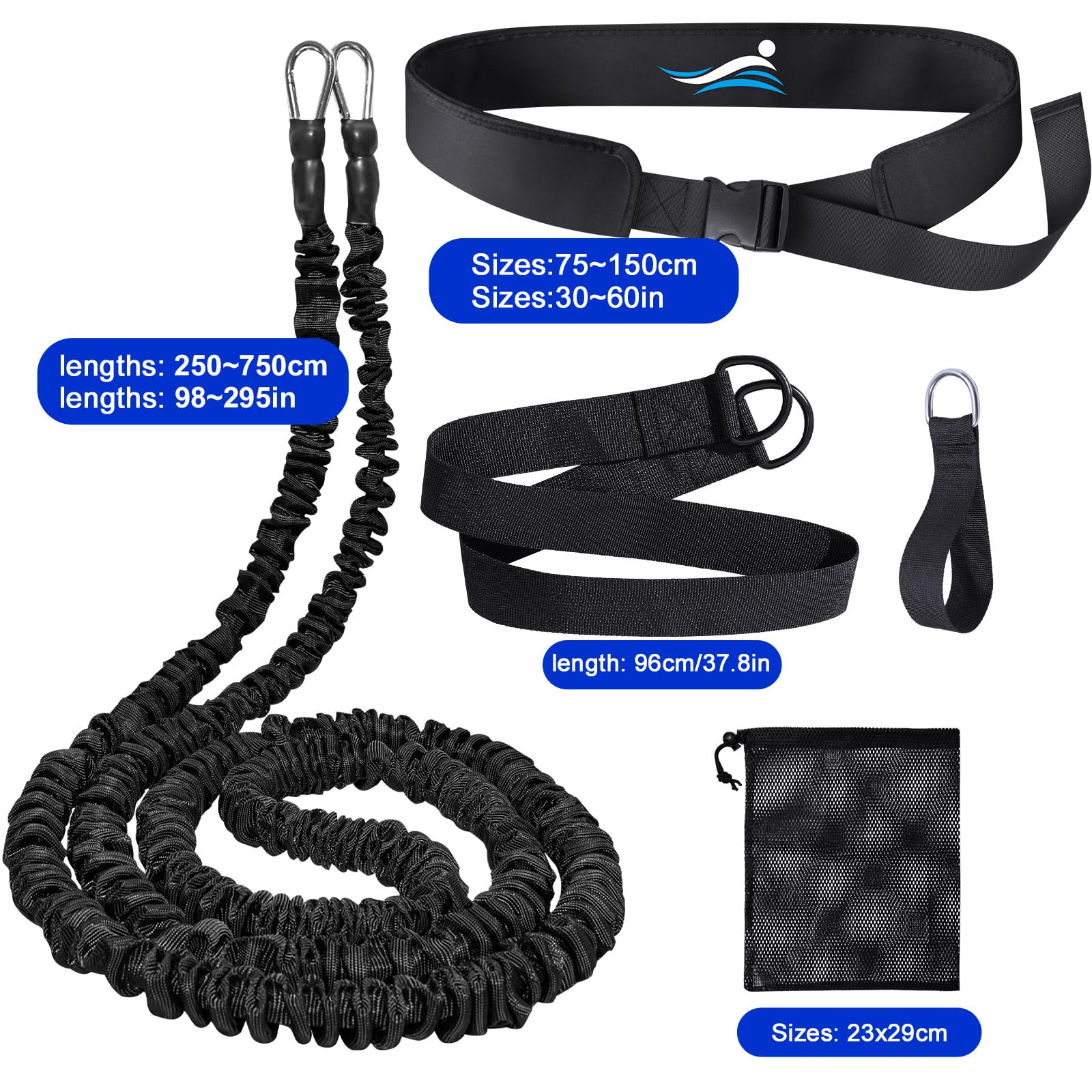 Cinturón de natación profesional con resistencia ajustable, cuerda de 2,5-7,5 m, para adultos y niños (Azul)