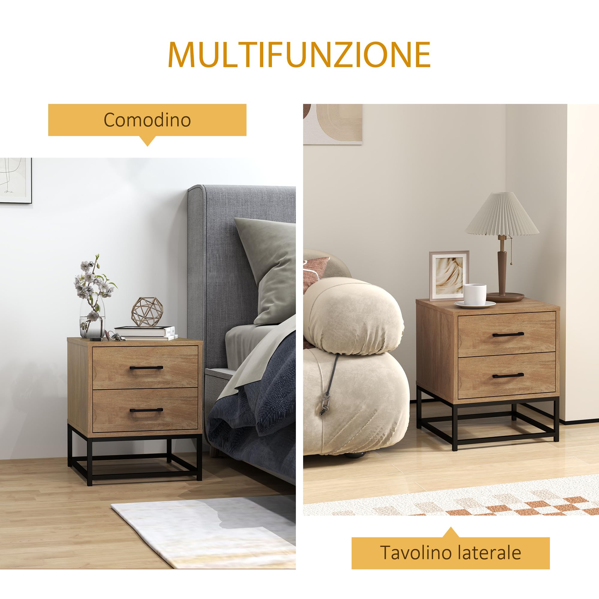 HOMCOM Juego de 2 Mesillas de Noche con 2 Cajones, Pareja de Mesillas de Noche de Estilo Industrial en Madera y Acero, Mesillas Auxiliares para Sofá, Sala de Estar, Salón y Dormitorio, 40x39.5x48 cm, | Estilo industrial de madera y acero, mesas auxiliares
