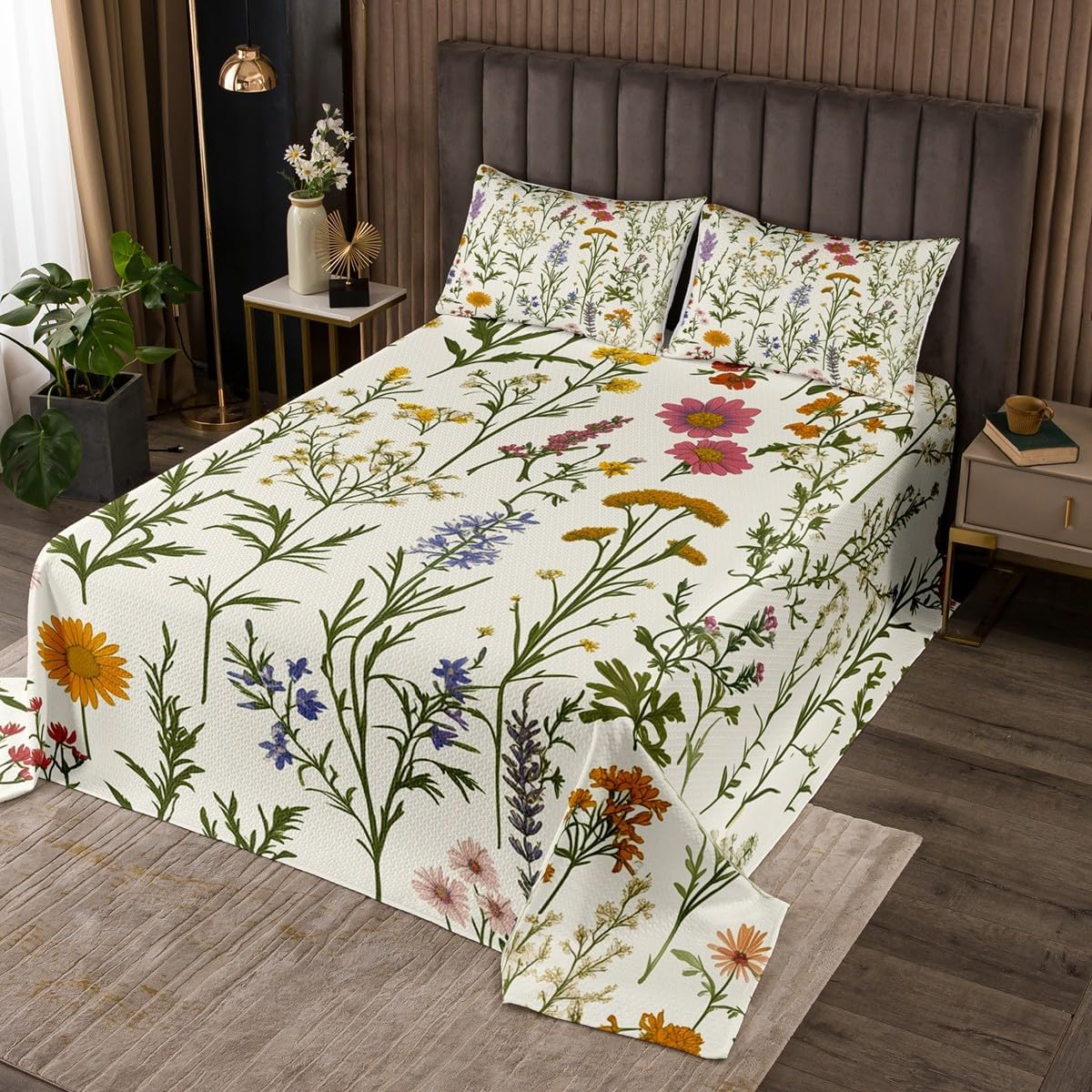 Erosebridal Wildflower Coverlet Set Botanical Floral Quilts for Kids Adults Watercolor Flower Leaves Bed Sets Sage Green Leaves Decorative Bedspread Set Queen with 2 Pillowcases