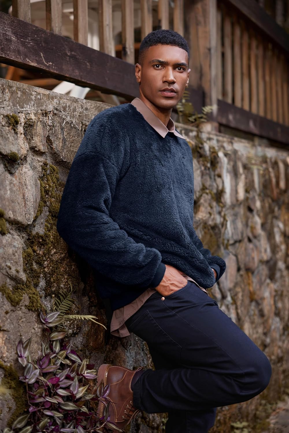 Pengfei Mens Fuzzy Sherpa Pullover Sweatshirts Long Sleeve Fleece Fluffy Crew Neck Fall Winter Warm Outwears Navy - Image 3