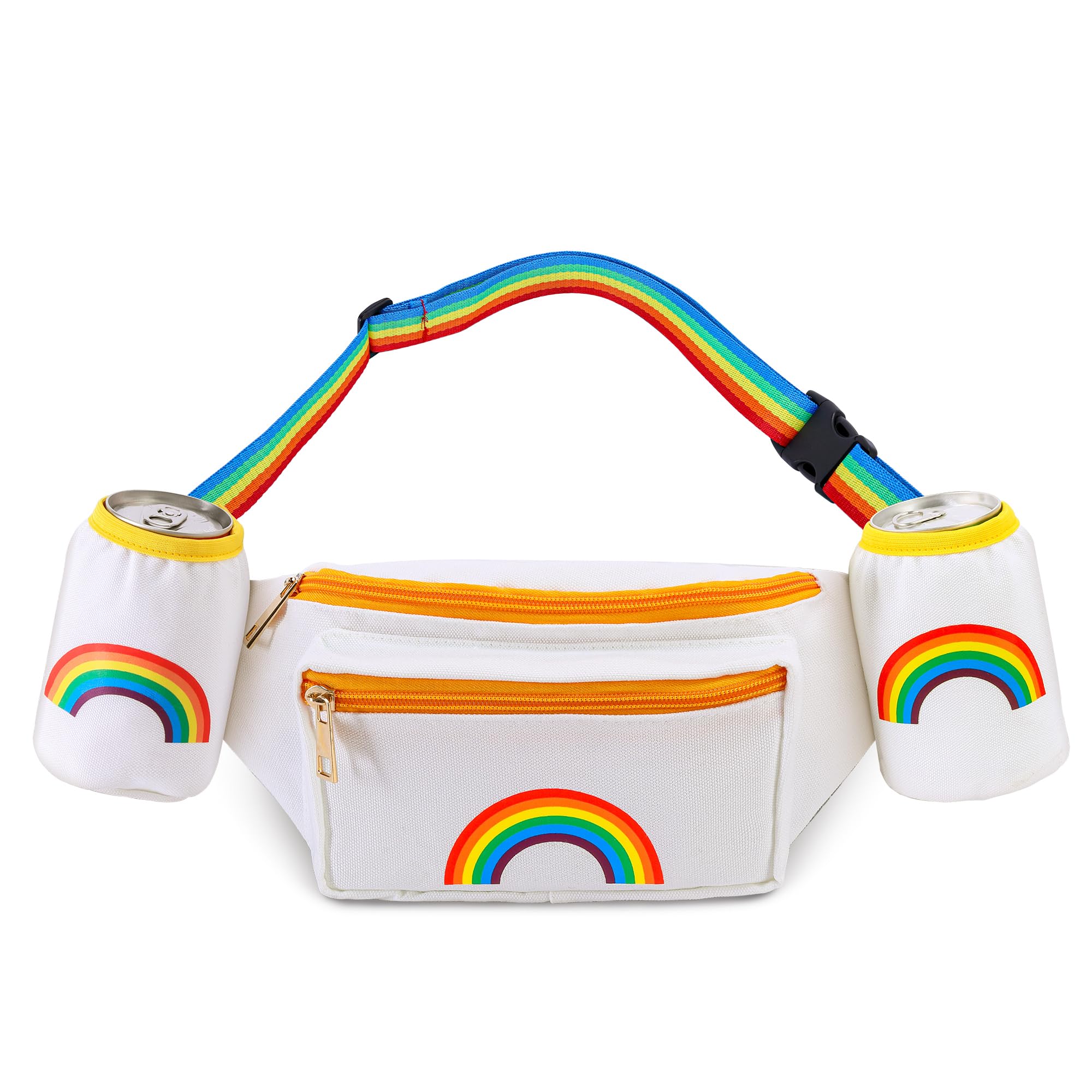 Wehhbtye Rainbow Fanny Pack, Pride Waist Pack with 2 Drink Carrier, Adjustable Multicolor Belt Canvas Bag for Women Men LGBTQ Festival Rave Party