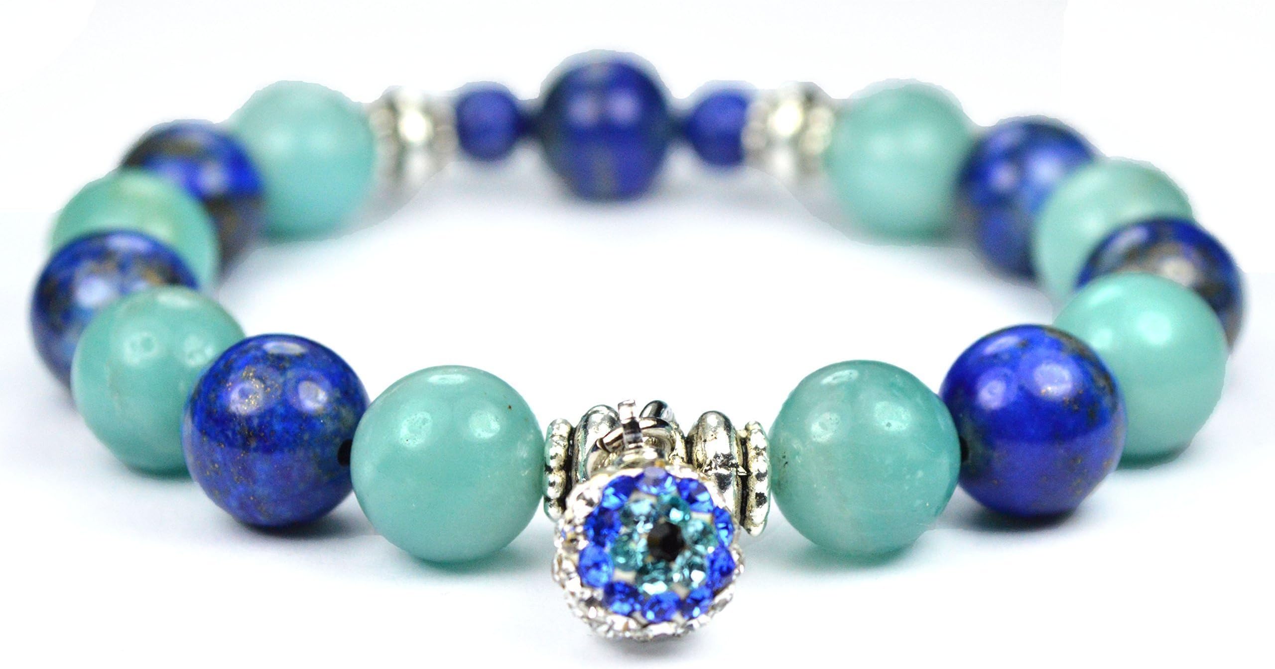 Amazonite and Lapis Lazuli Gemstone Bracelet, Crystal Evil Eye Charm. Stones of Success and Abundance. Throat Chakra Bracelet. Fashion jewelry. Natural gemstones.
