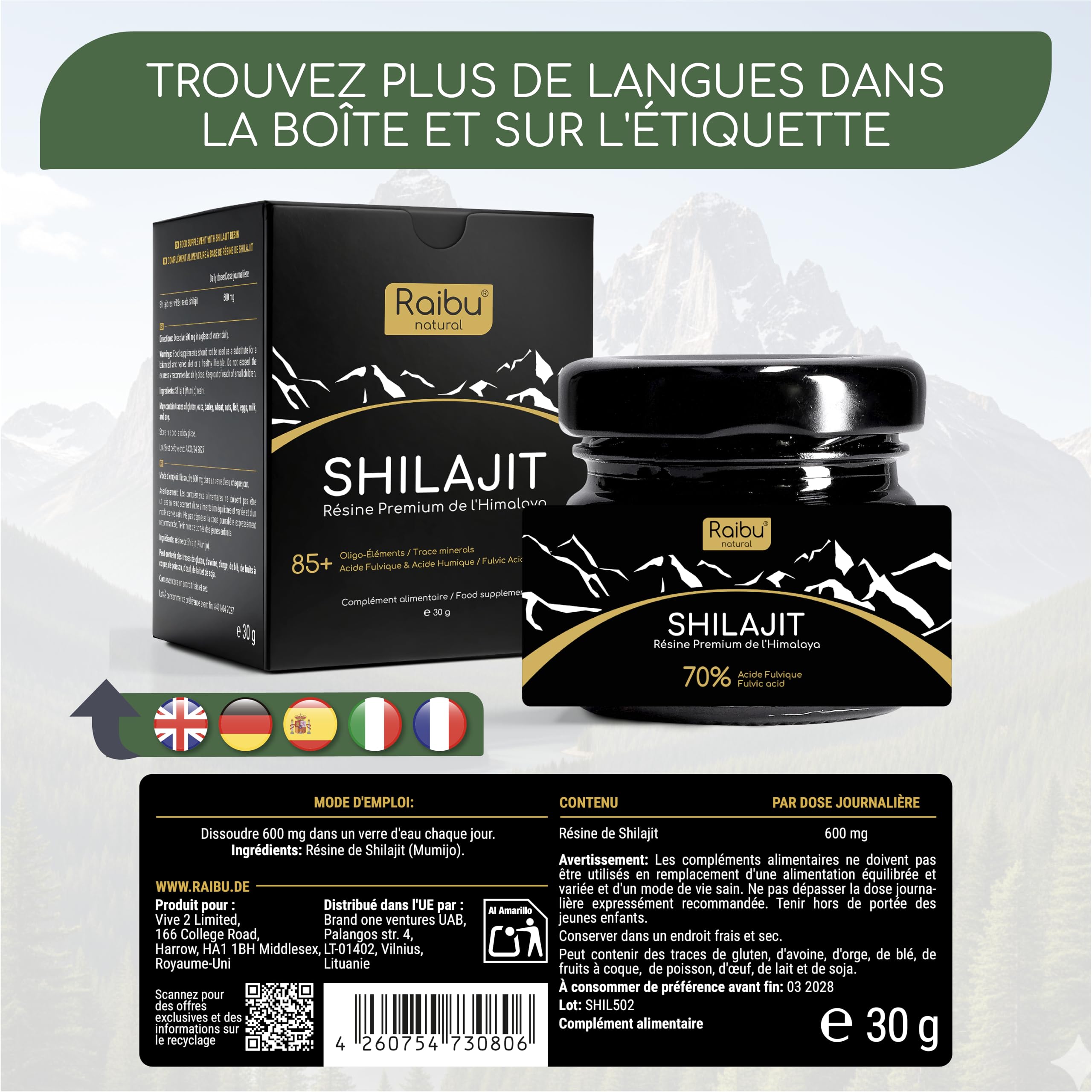Shilajit Pure, Résine de Shilajit Himalaya - Natural, Riche en Acide Fulvique et Minéraux - Sans Additifs et Testé en Laboratoire - Authentique et Naturel 30g - Spatule Incluse