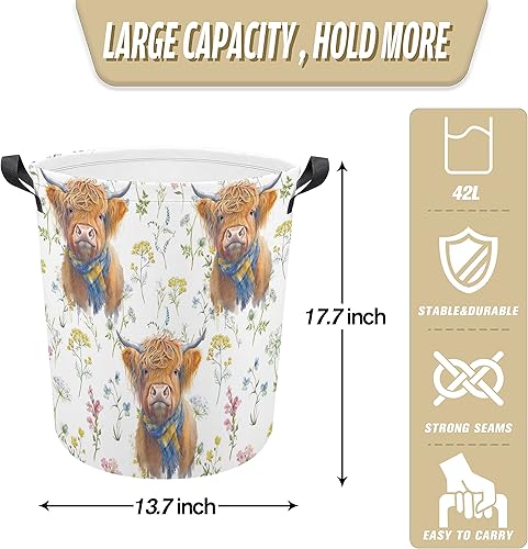 Miniatura 2 de Highland Cow - Cesta plegable de tela Oxford con diseño de flores, divertida bolsa de lavandería, organizador de cubo de almacenamiento de ropa,