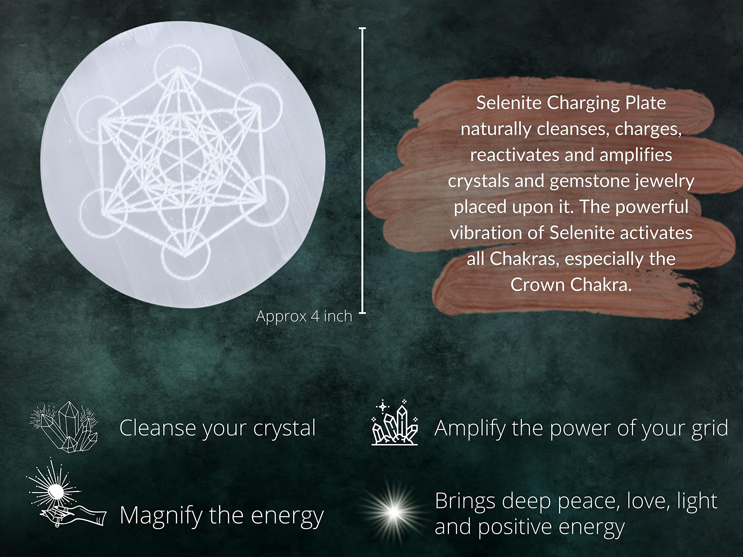 Amazing Gemstone, Piastra di ricarica in cristallo di selenite per cristalli e pietre curative, cubo di metatron inciso con piastra di cristallo di selenite da 4,3" (disco rotondo in selenite)