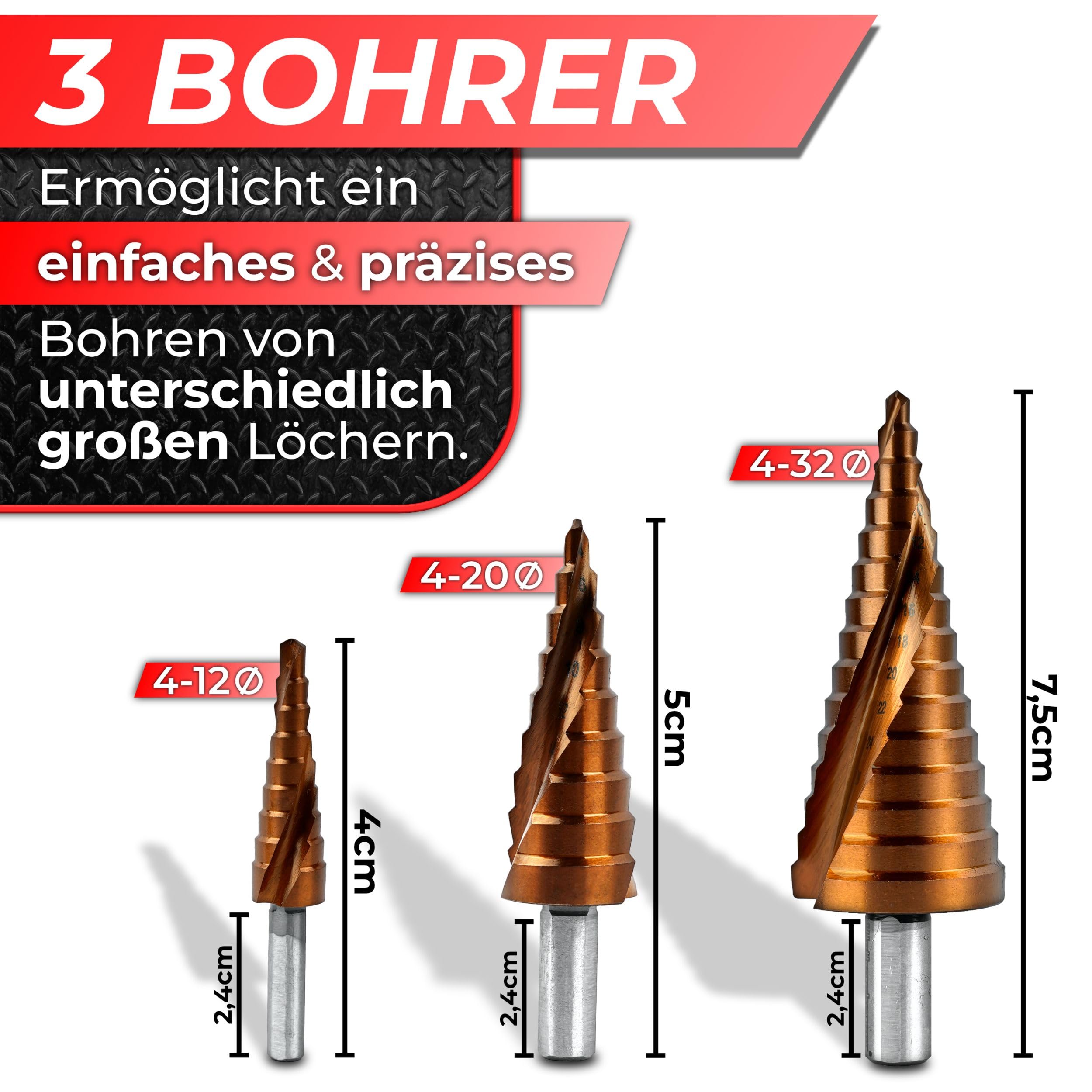 Woltersberger® Set di 3 punte a gradini HSS Powerline Spiral, punte coniche Ø 4 – 32 mm, 4 – 20 mm, 4 – 12 mm, per fori puliti, per pelapatate in metallo, alluminio e acciaio inox