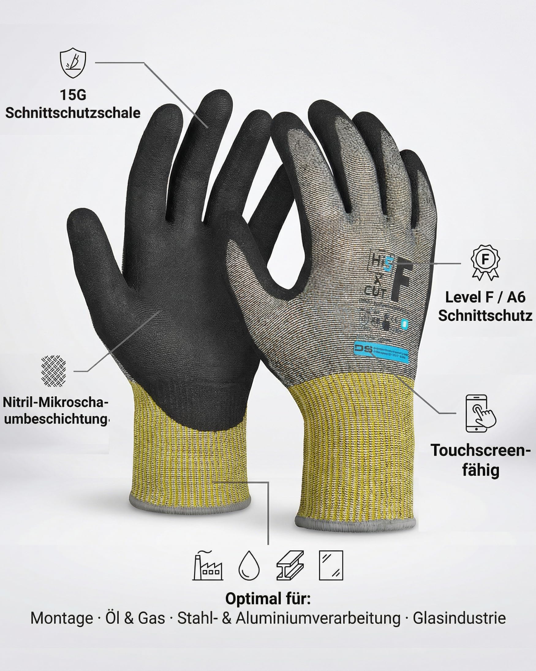 Hi5 DS SafetyWear X-Cut Schnittschutzhandschuhe 4X43F – 15G HPPE/Nylon/Spandex – Nitril-Mikroschaum-Beschichtung – Schnittschutz Level F – EN 388 – schwarz/gelb (L, 120, stück)