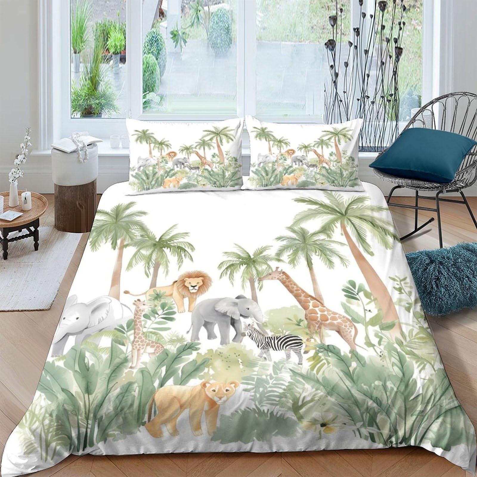 GPLZQXKJNH 3D Printed Jungle Safari Animals Duvet Cover Microfiber Soft Breathable Palm Forest Bedding Set with 2 Pillowcases for Bedroom Decor Single（135x200cm）