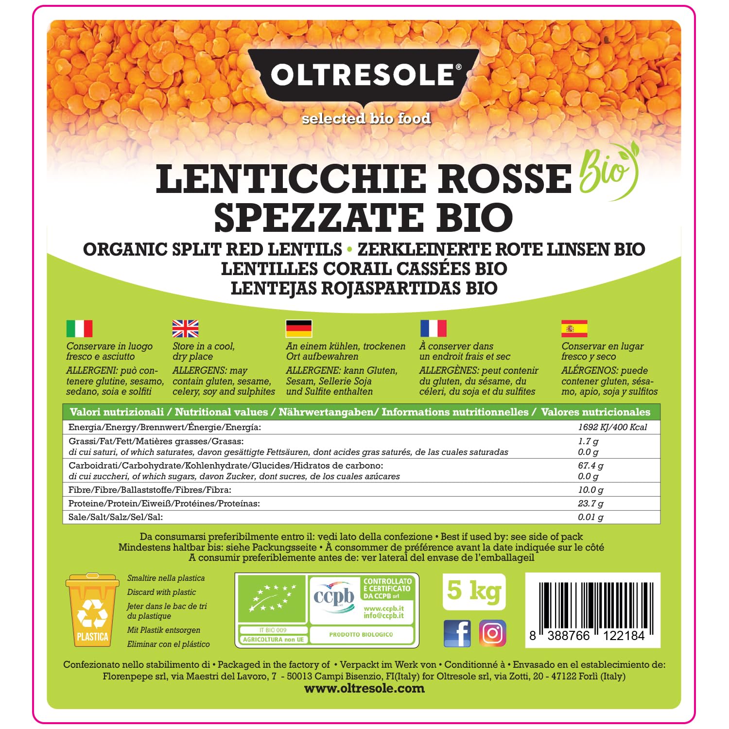 Oltresole, Lentilles rouges fendues biologiques 5 Kg, Légumineuses séchées biologiques, décortiquées et fendues, pas de trempage nécessaire, source de protéines et de fibres, format pratique