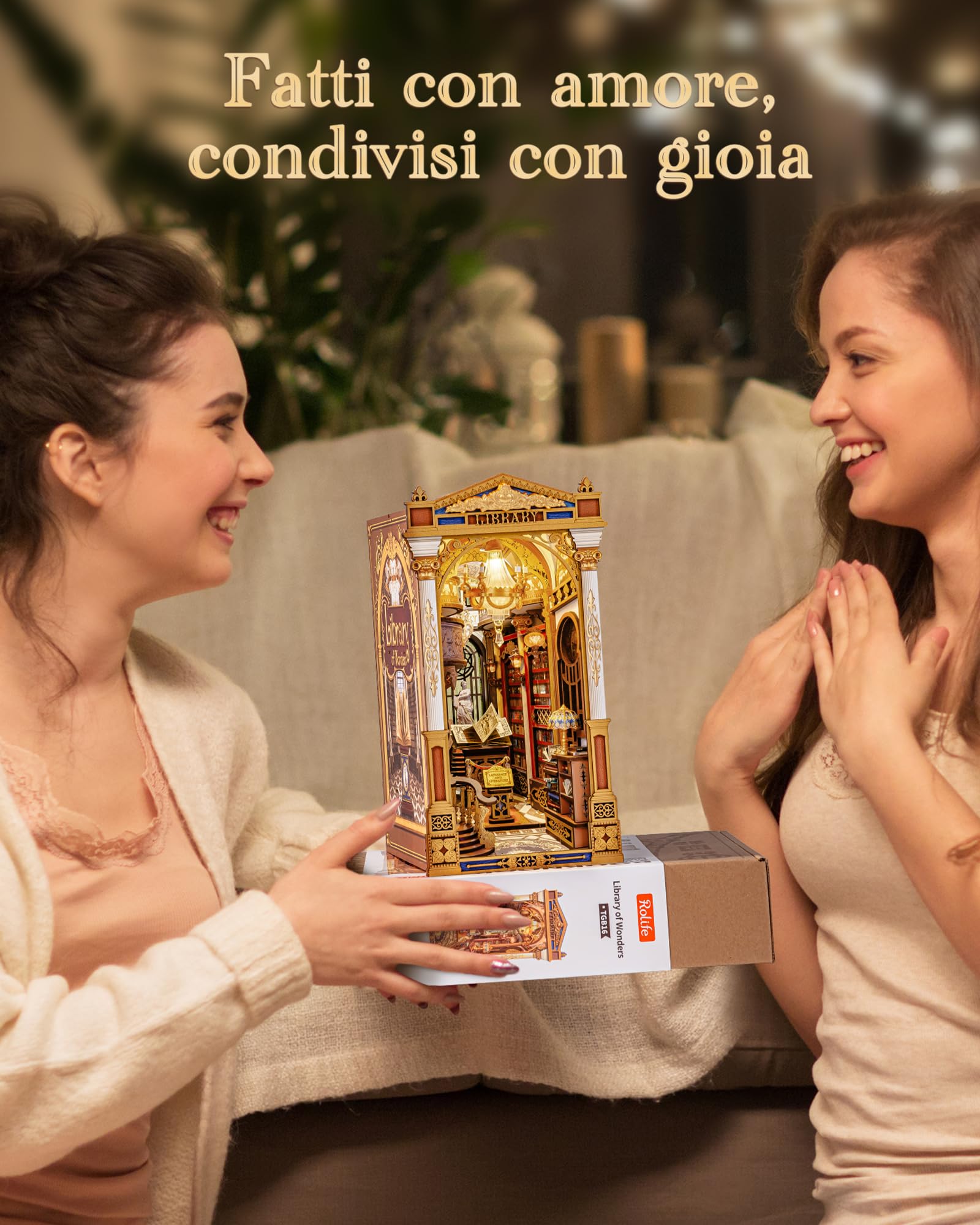 Rolife Book Nook Library of Wonders, Puzzle 3D in Legno, Kit Miniatura Fai-da-Te, Fermalibri Decorativo per Scaffali, Regalo Creativo di Natale e Compleanno per Adulti e Ragazzi