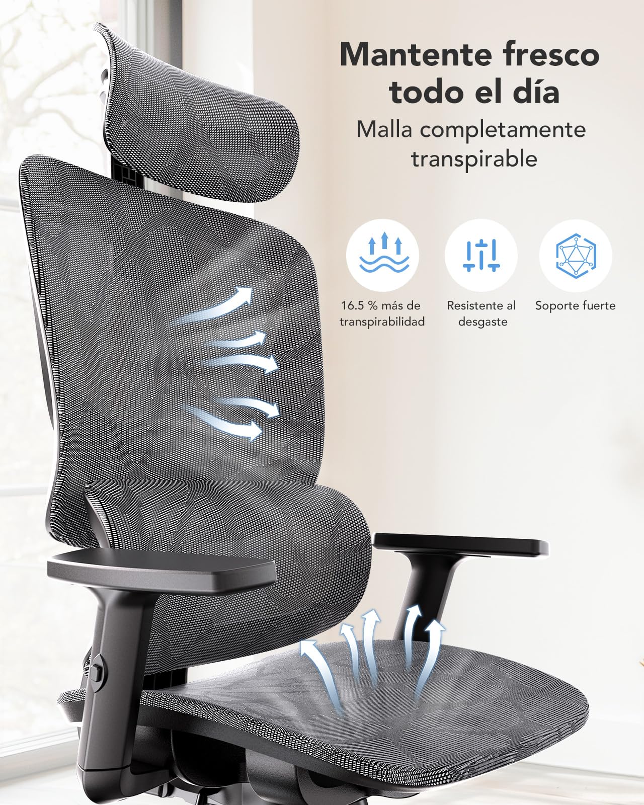 Silla de Oficina ergonómica de Malla HUANUO, Silla de Escritorio de Respaldo Alto con Soporte Lumbar Ajustable, reposabrazos, Mecanismo de balanceo, Silla ergonómica de Gaming de Malla