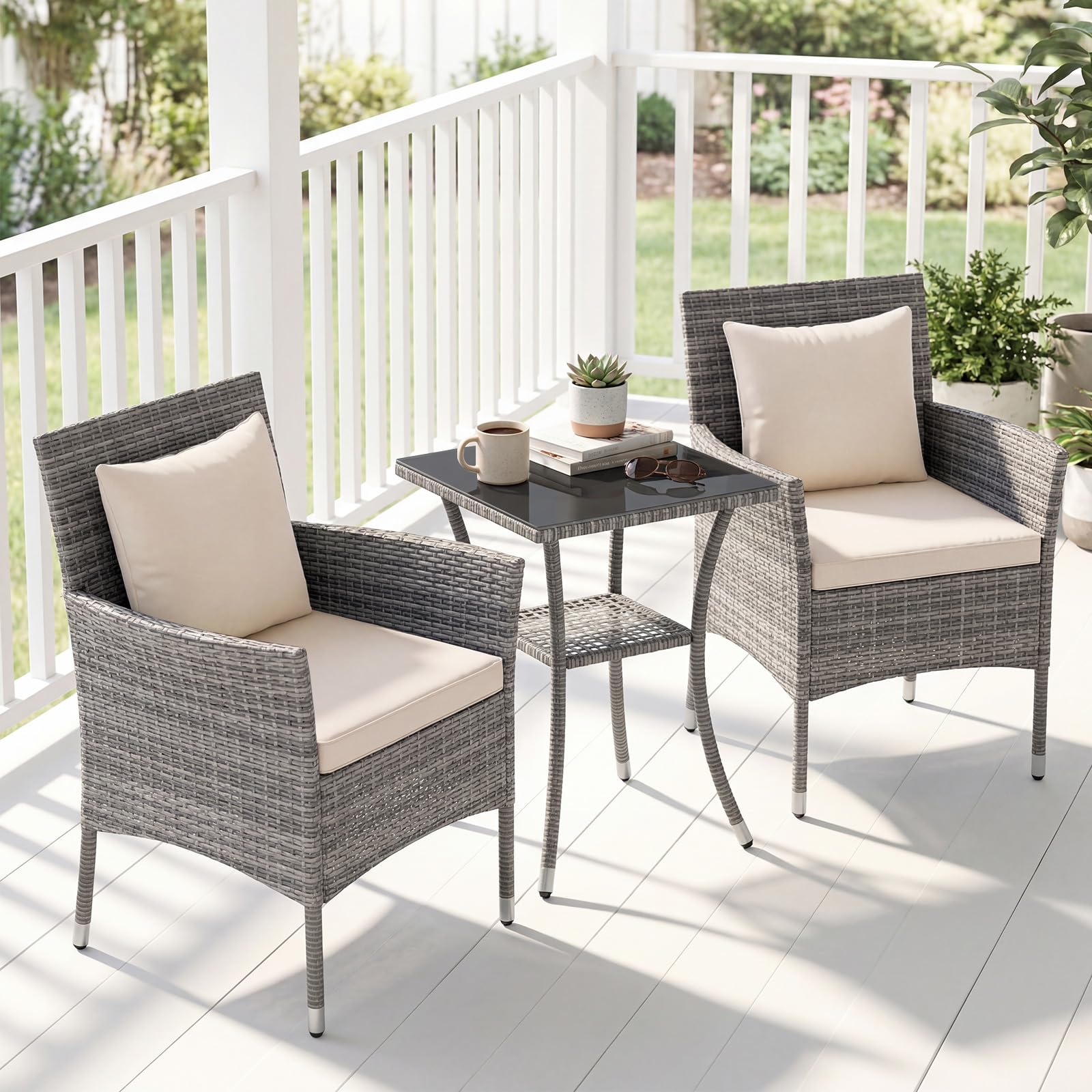 LIFEZEAL Juego de 2 Sillas de Jardín de Ratán PE y Mesa Auxiliar, Sofá con Cojines Desmontables y Mesa de Café de Cristal Templado, Set de Jardín para Tomar el Sol, Piscina y Patio (Beige)