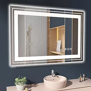 LED Bathroom Mirror, 40"X28" with Front and Backlit, Anti-Fog, Bathroom Vanity Mirror for Wall, Memory Function, Stepless Dimmable, Tempered Glass (Horizontal/Vertical)