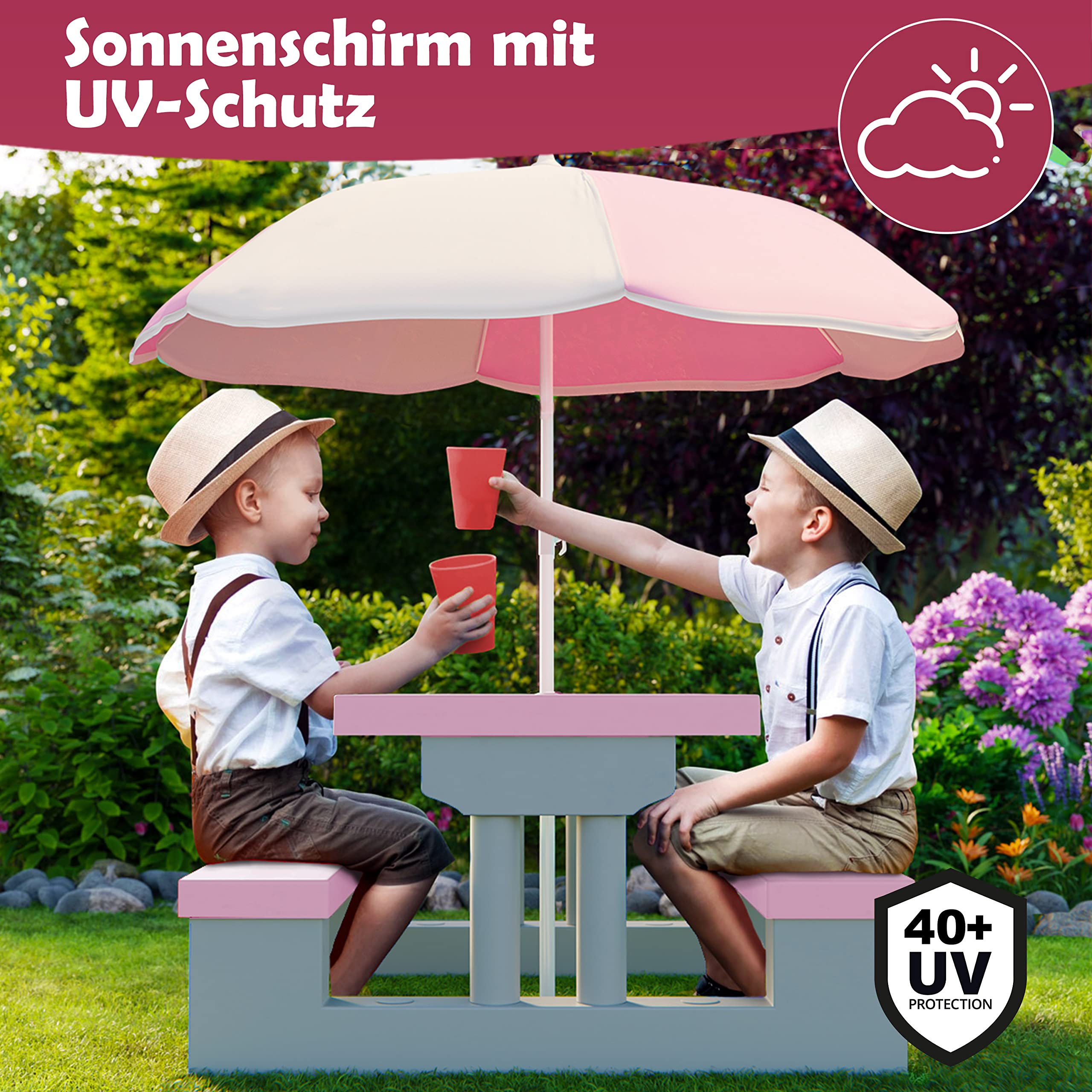 Spielwerk® Set Tavolo e 2 Panche per Bambini con Ombrellone da Giardino Sistema a Incastro in Plastica ABS Rosa Sedie Picnic Esterno Cameretta Interno Bimbi Giochi