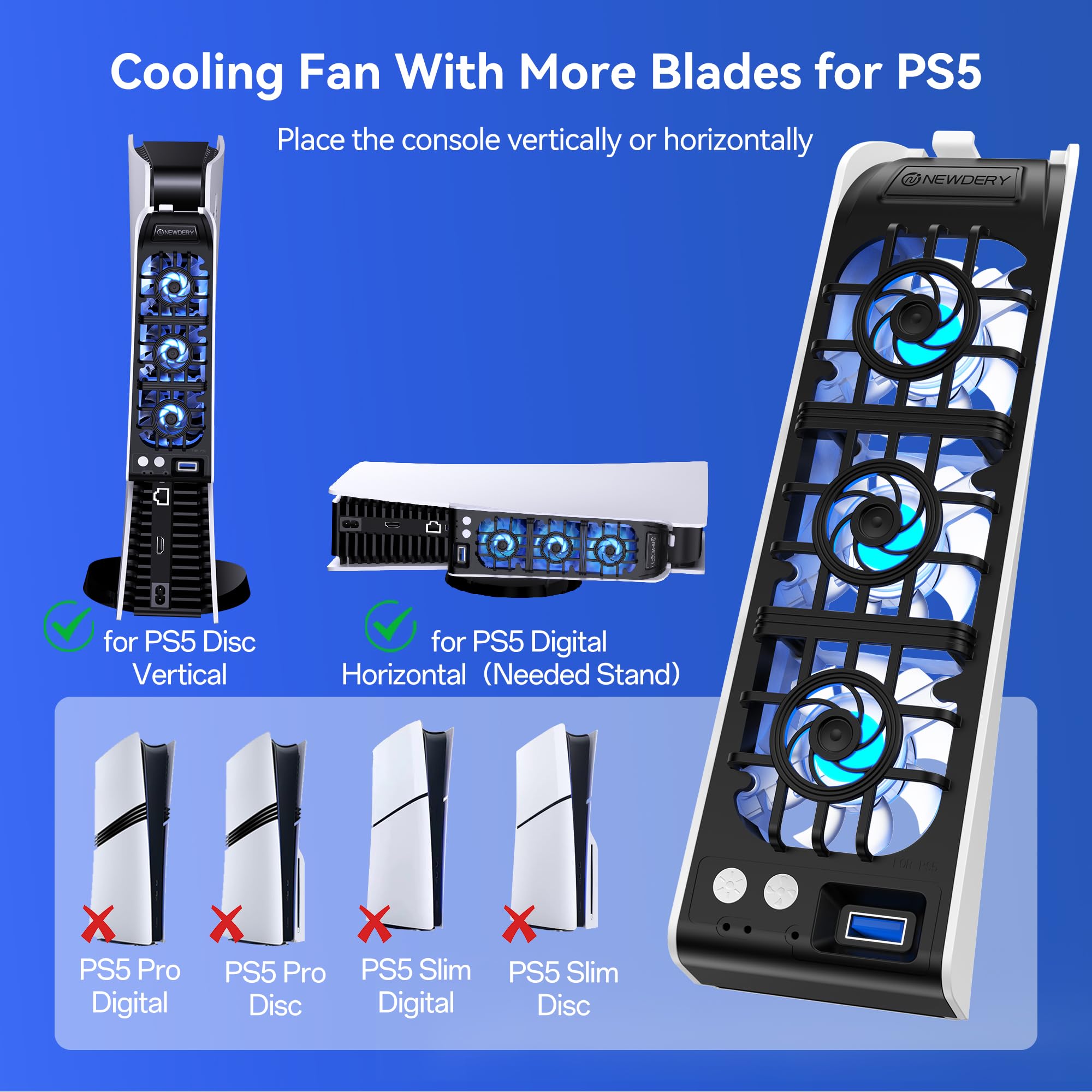 NEWDERY Ventilador para Accesorios de PS5. Ventilador silencioso Mejorado, Velocidad Ajustable automáticamente según la Temperatura, luz RGB dinámica, Compatible con PlayStation 5