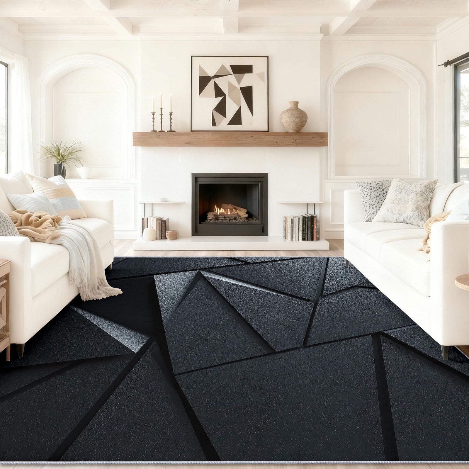 Moderne Minimaliste Tapis en TPR Antidérapant, Lavable Tapis 120 x 170 cm Géométrique Métal Triangle, pour Salon ou Chambre Intérieur, Noir