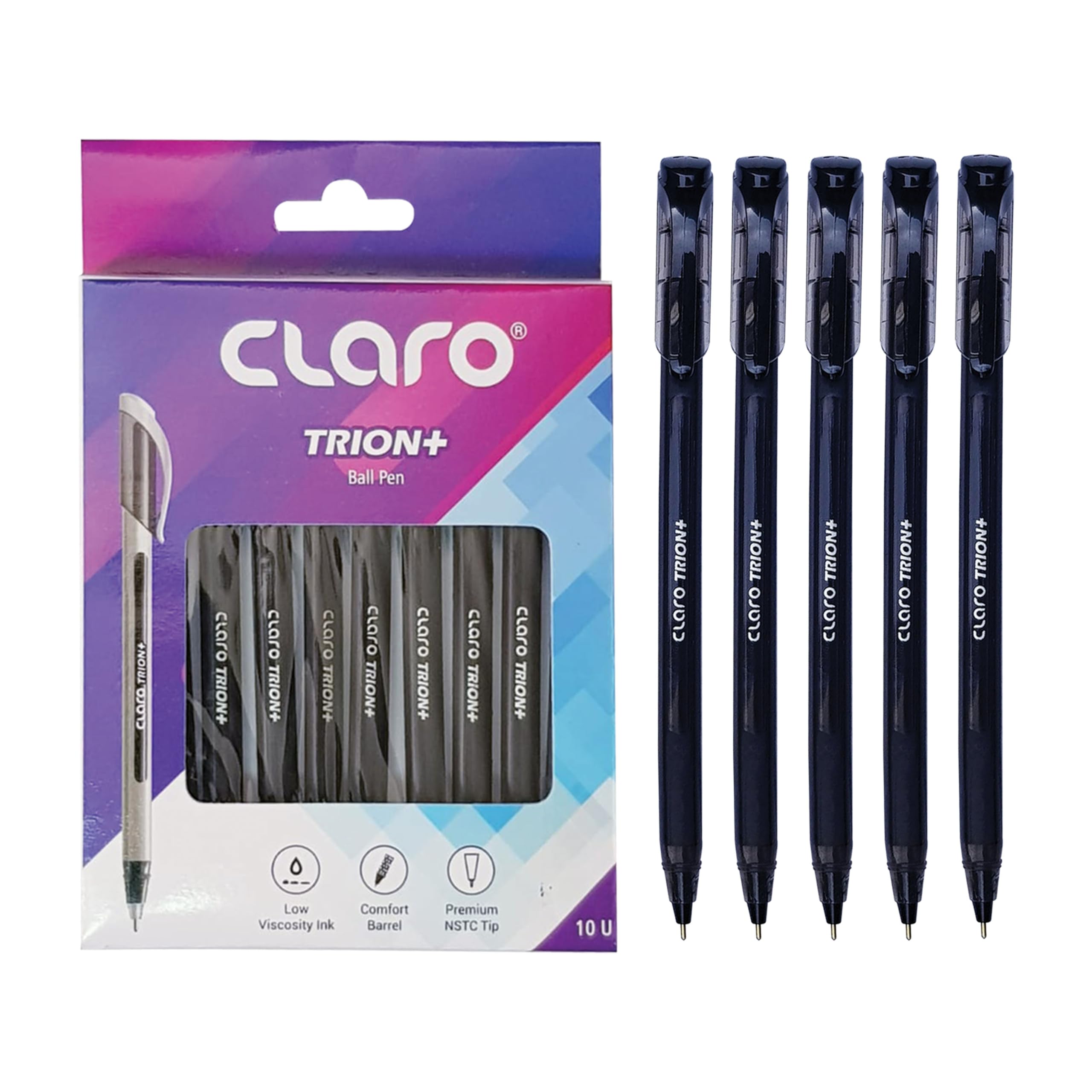 CLARO Trion+ Ballpoint Pens, BLACK, Medium Point (1.0mm), Pack of 10, Smooth Ball Pens, Pens for School Office Home Everyday Use