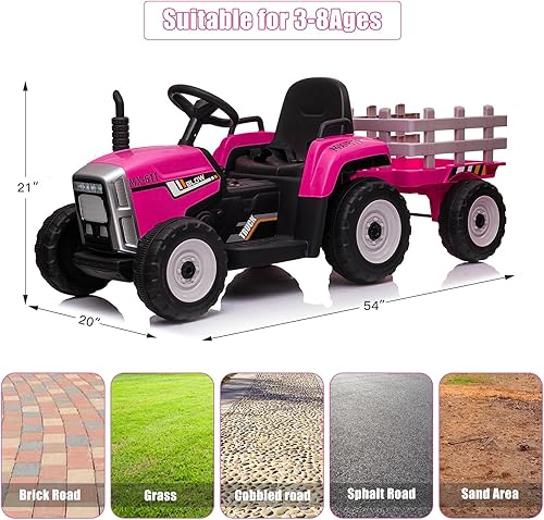 Miniatura 10 de SEHOMY Tractor de paseo para niños con remolque y motores duales de 25 W, batería de 12 V, vehículo eléctrico para niños con control remoto, cambio