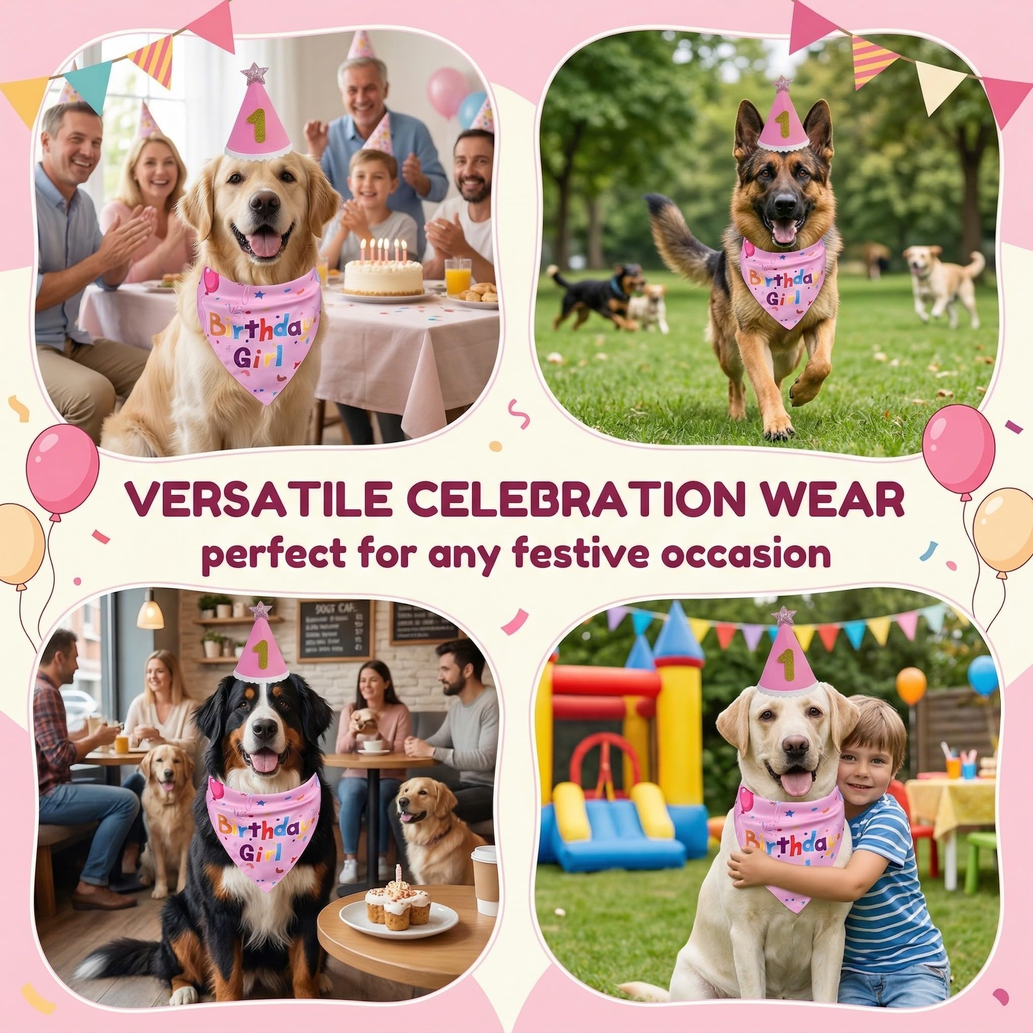 Set Compleanno Cane Rosa, Cappello & Bandana Riutilizzabili con Numeri, Abito Accessorio Decorazione per Festa Compleanno Cane Medio e Grande, L