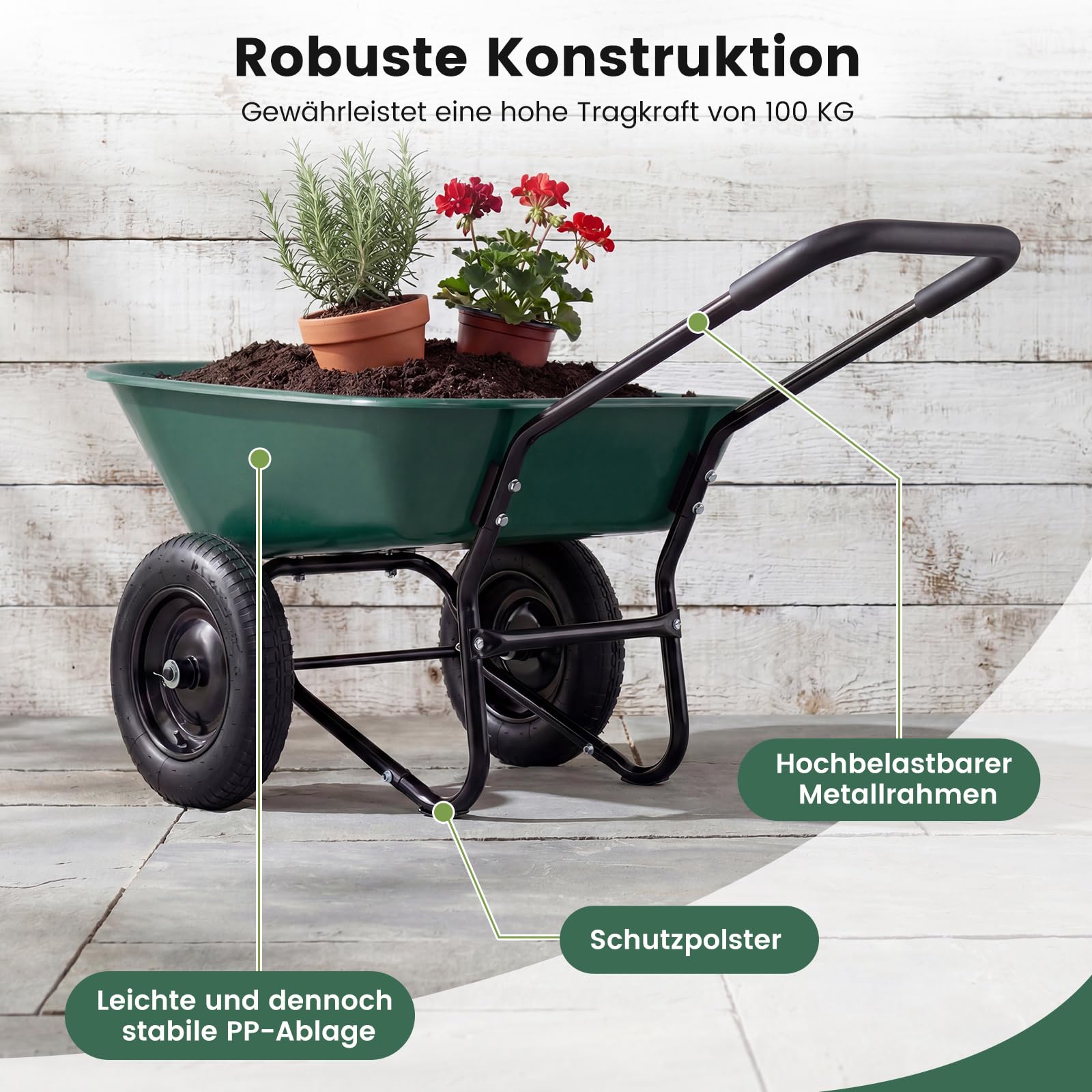 COSTWAY Taczka na 2 koła, opony z pełnej gumy, 78 l, taczka z funkcją przechylania i uchwytem, taczka ogrodowa do 100 kg, taczka budowlana z metalową ramą, wózek transportowy do ogrodu, 64 x 138 x 65