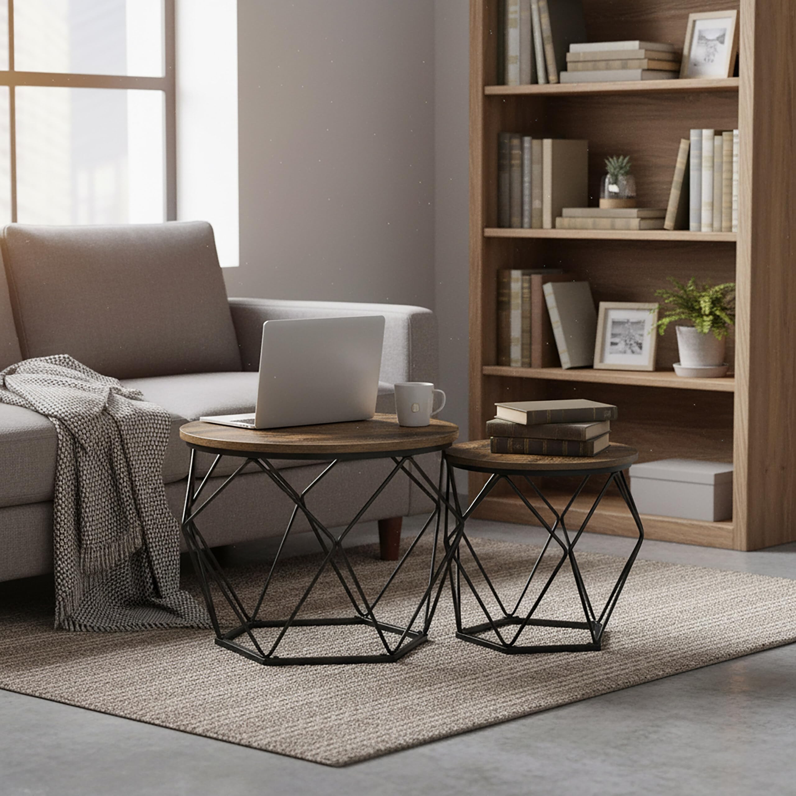 Relaxdays Couchtisch, 2er Set, Holzoptik & Metall, Industrial-Design, runde Beistelltische, Wohnzimmer, braun/schwarz