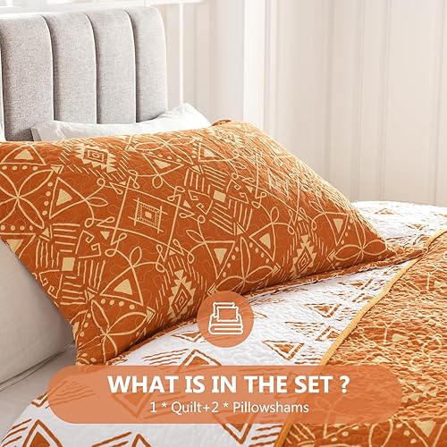 Miniatura 6 de DUOHONG Juego de colcha tamaño King  Juego de colcha de 100% algodón naranja para cama King, 3 piezas geométricas de granja, reversible, rústico,