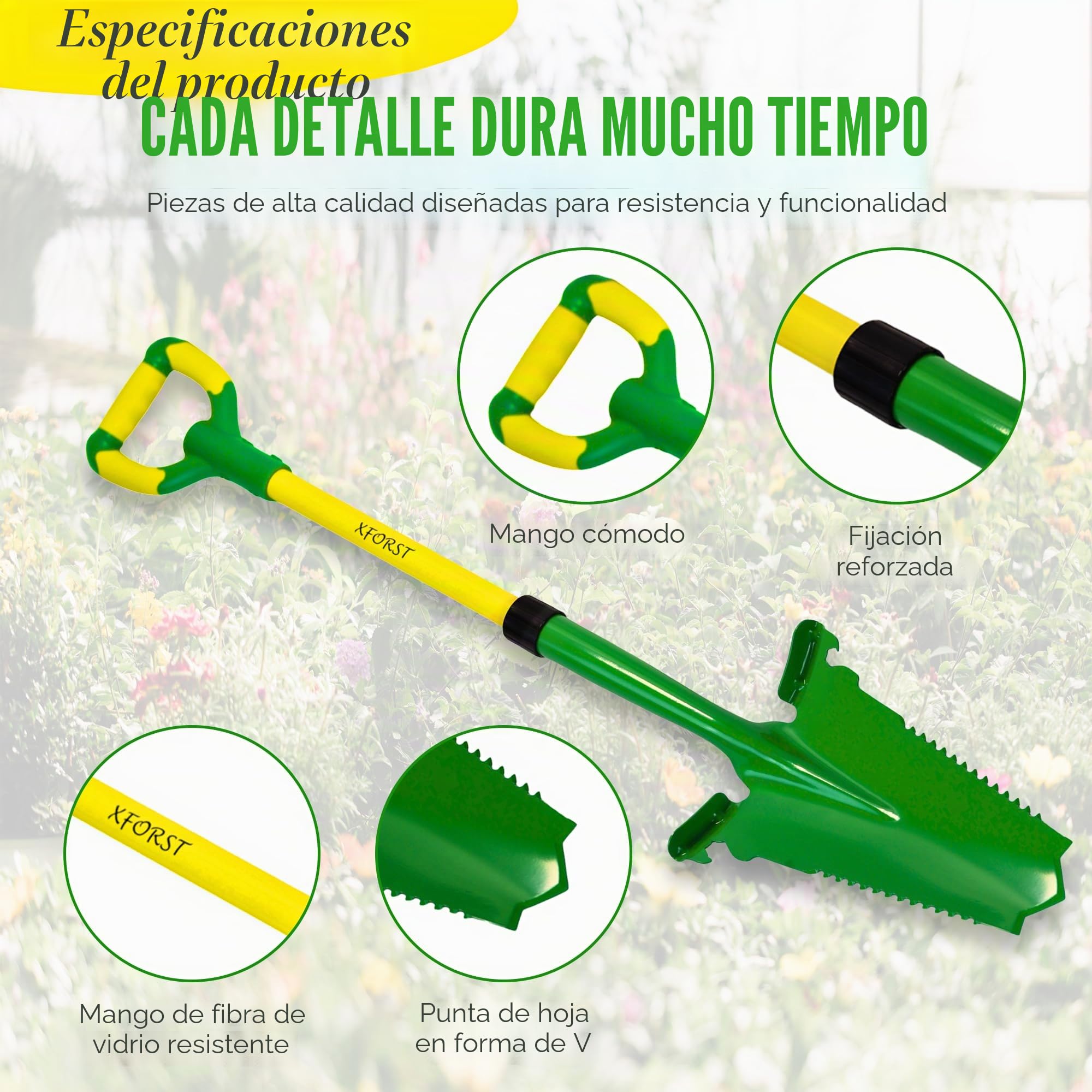Xforst Pala de Jardín SZ-3 – Pala con Sierra de Raíces 114 cm – Hoja de Acero al Carbono 25×35 cm – Mango de Fibra de Vidrio Amarillo con Empuñadura Ergonómica – Herramienta de Jardinería y Exterior