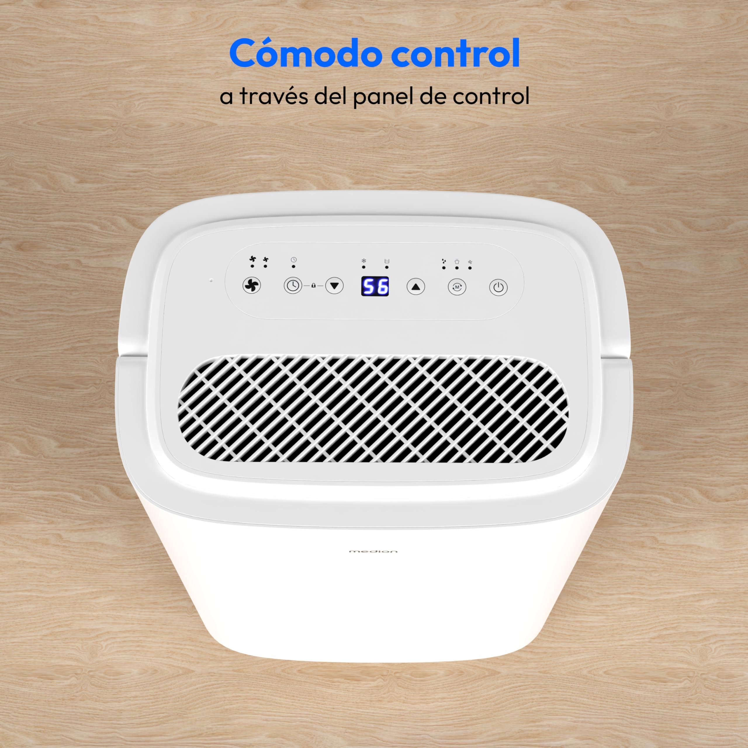 MEDION Deshumidificador DH20 (eléctrico, 20 litros/24h, hasta 20m², 43db silencioso, baño, dormitorio, depósito de agua de 5,4 litros, modo lavandería, temporizador, rodillos para el suelo, MD12048)
