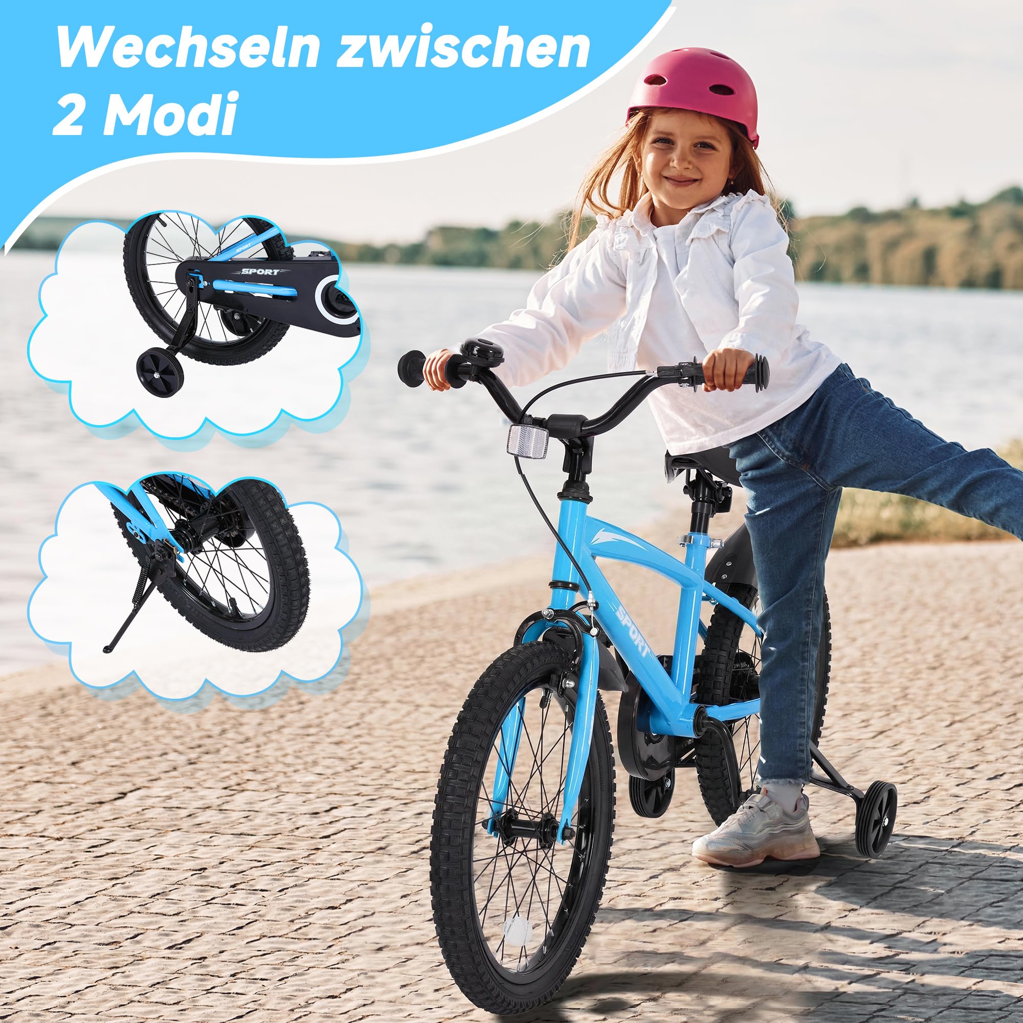 BODIOO Kinderfahrrad 18 Zoll Kinderrad für Jungen und Mädchen mit verstellbarem Sitz, Stützrädern, Handbremse, Rücktrittbremse und stabilem Rahmen für Fahrer von 114-137 cm (Blau)