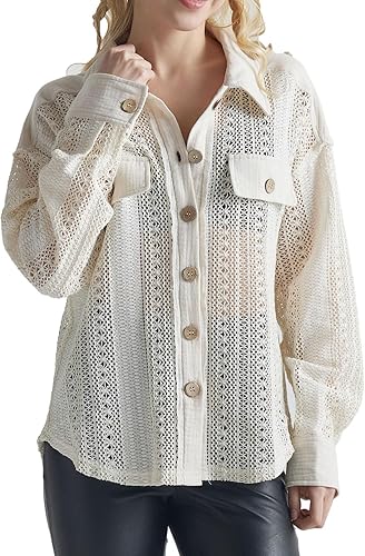 noflik 100% Cotton Boho Crochet Lace Button Down Shacket(Natural, L)
