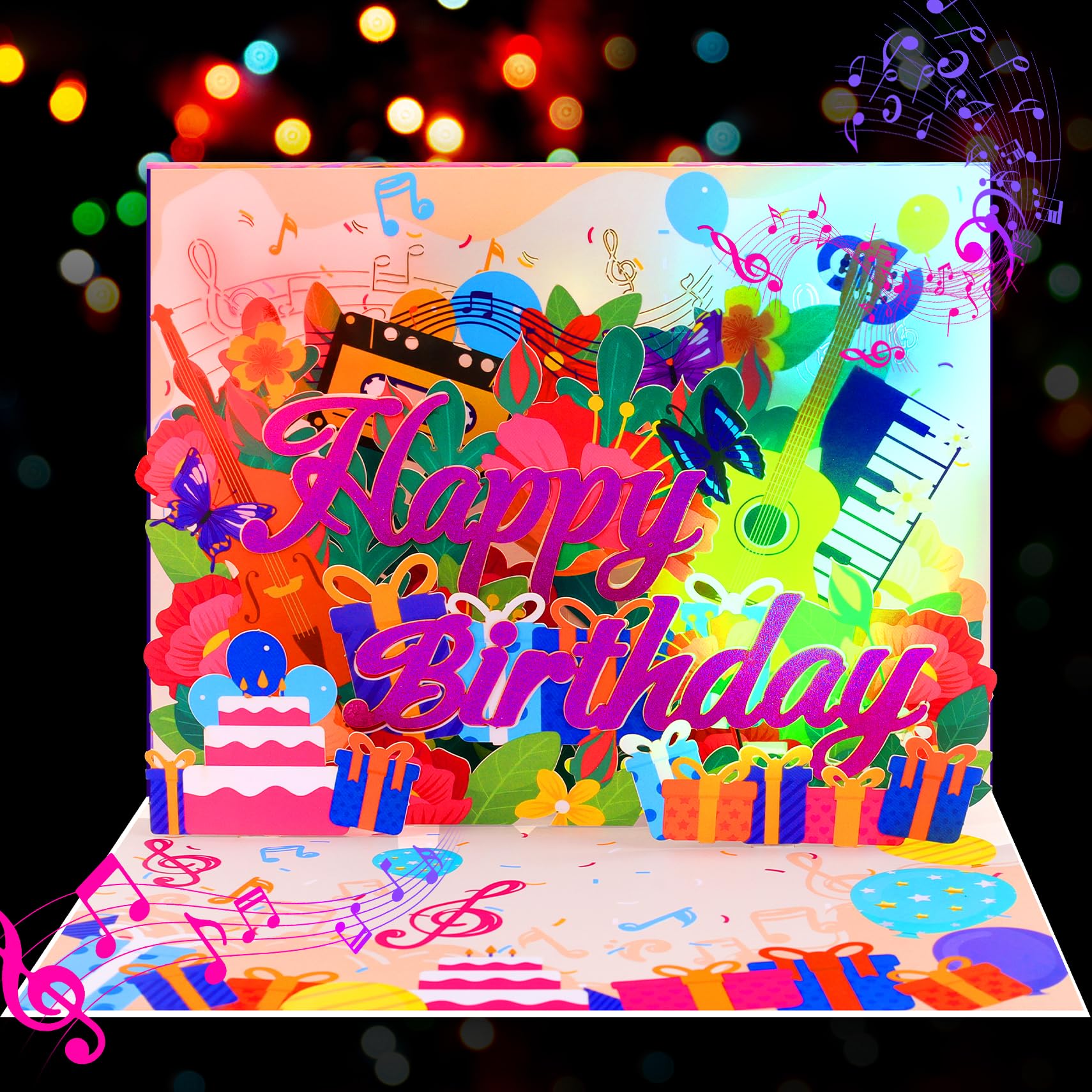 GREETING ART 3D Flowers Musical Birthday Card, Light and Music Happy Birthday Card, Pop Up Greeting Cards for Kids Teens Women Men Son Daughter