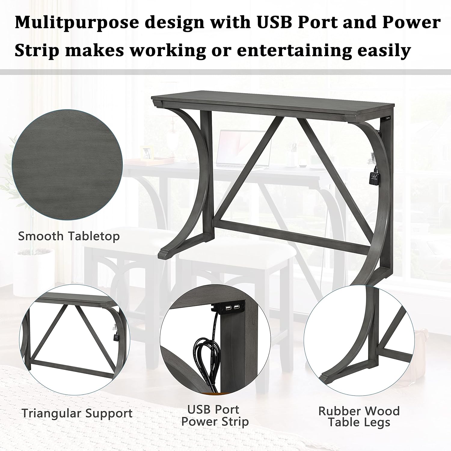 Grey Counter Height Dining Table Set with Built-in USB Ports