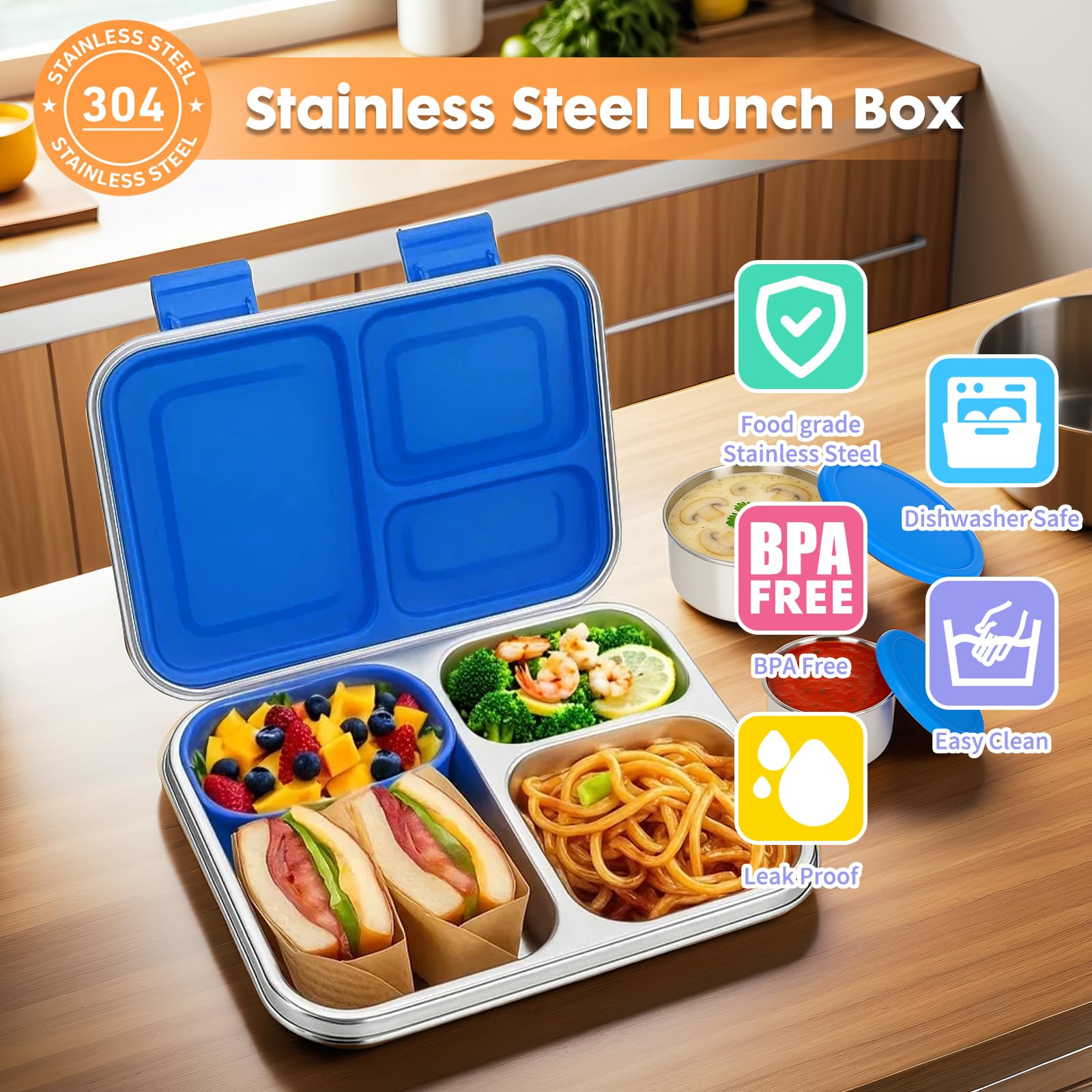 Edelstahl Brotdose Kinder mit 3 Fächern und Dichtring 950ml Lunchbox Personalisiert , BPA-freie, Auslaufsicher, 3 Containers Bento Box für Picknick Schulschüler Mittagessen Snack (Dinosaurier)