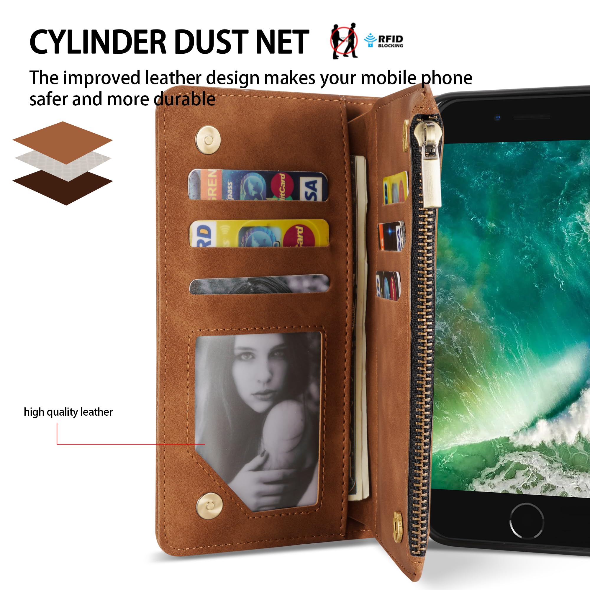 ZZXX iPhone SE 2022(2020)/iPhone 7/iPhone 8 Case Wallet with RFID Blocking Card Slot Soft PU Leather Zipper Flip Folio with Wrist Strap Kickstand Protective for iPhone 8 Wallet Case(Brown-4.7 inch)