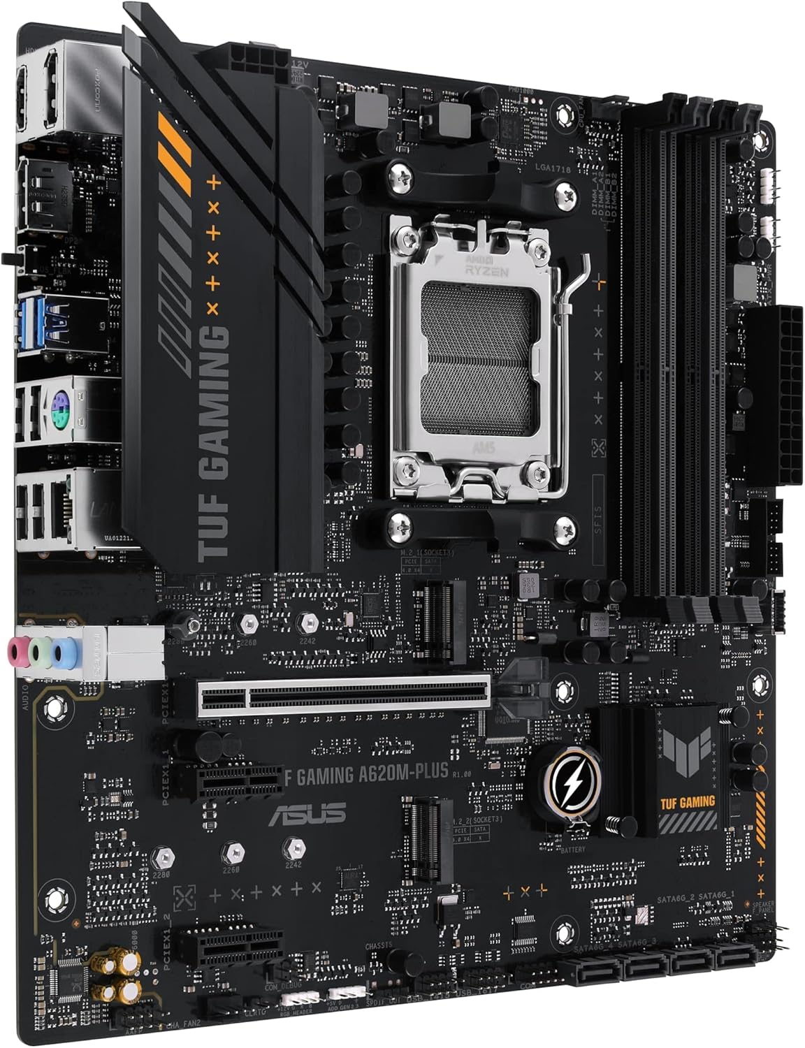 ASUS TUF GAMING A620M-PLUS Scheda madre AMD mATX, DDR5, 2 slot M.2 PCIe 4.0, Q-Latch, Ethernet Realtek 2.5Gb, 2 DisplayPort, HDMI, USB 3.2 Gen 1 Type-C, BIOS FlashBack, Cancellazione rumore, Aura Sync ASUS TUF GAMING A620M-PLUS Scheda madre AMD mATX, DDR5, 2 slot M.2 PCIe 4.0, Q-Latch, Ethernet Realtek 2.5Gb, 2 DisplayPort, HDMI, USB 3.2 Gen 1 Type-C, BIOS FlashBack, Cancellazione rumore, Aura Sync
