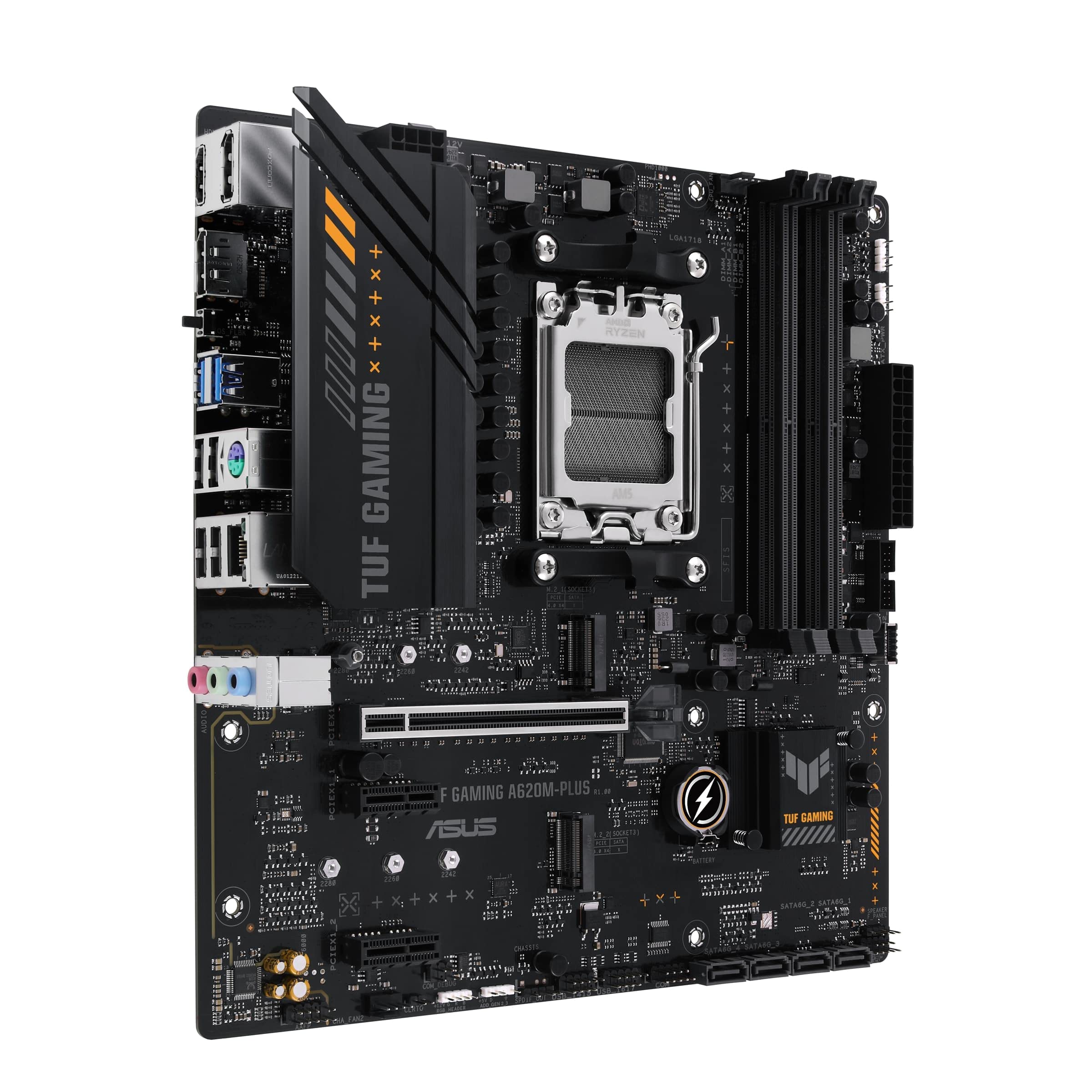 ASUS TUF GAMING A620M-PLUS Scheda madre AMD mATX, DDR5, 2 slot M.2 PCIe 4.0, Q-Latch, Ethernet Realtek 2.5Gb, 2 DisplayPort, HDMI, USB 3.2 Gen 1 Type-C, BIOS FlashBack, Cancellazione rumore, Aura Sync