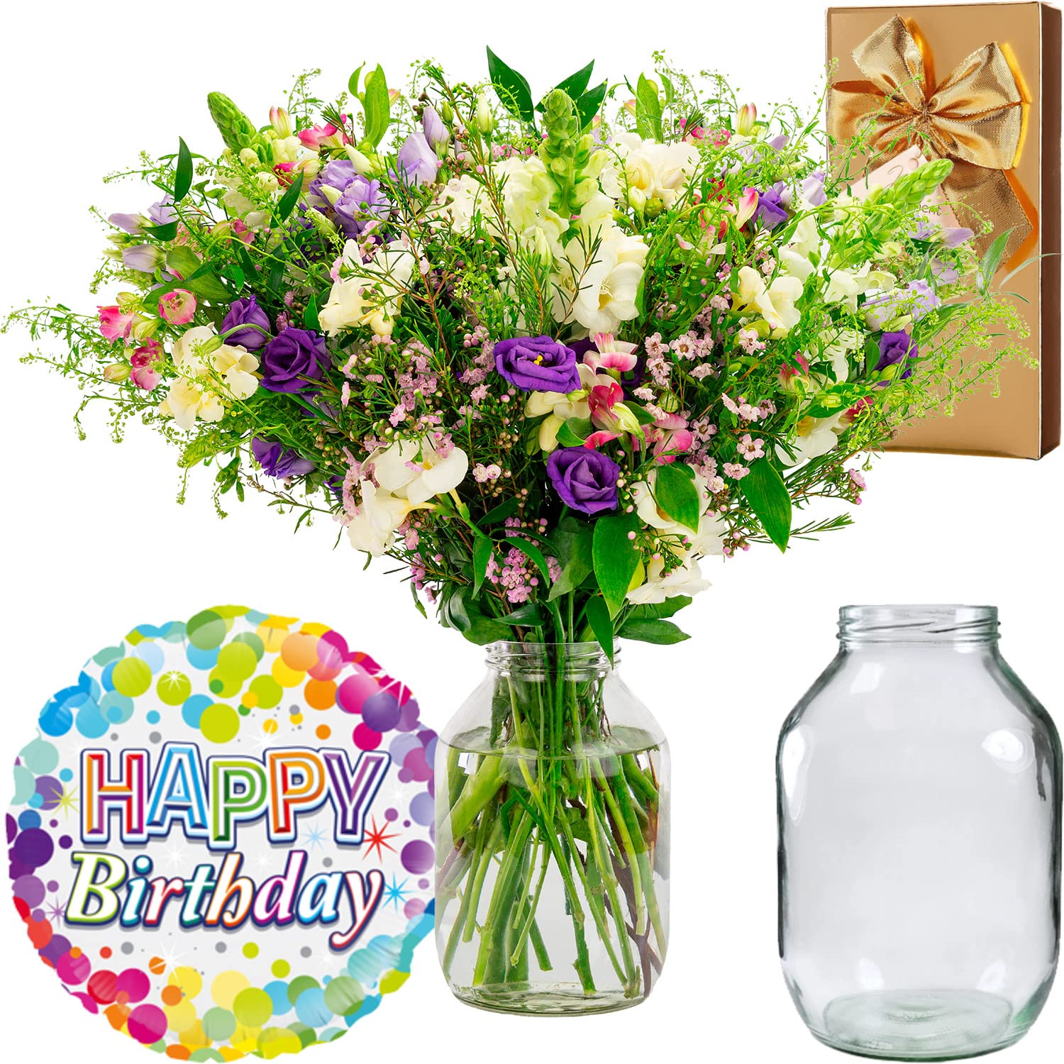 InterBloom | The Wild - Next Day Large Wildflower Inspired Beautiful Fresh Flower Bouquet with a Birthday Balloon, Hamlet Chocolates and Pickle Jar Vase