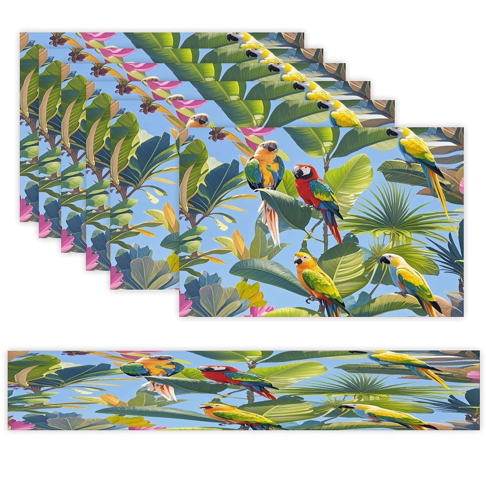 Tropical Plants and Parrots Table Runner and Placemats Set of 6 Heat Resistant Washable Table Runners Dining Mat Sets Modern Cloth Place Mats Linen Table Decor for Kitchen Dining Room