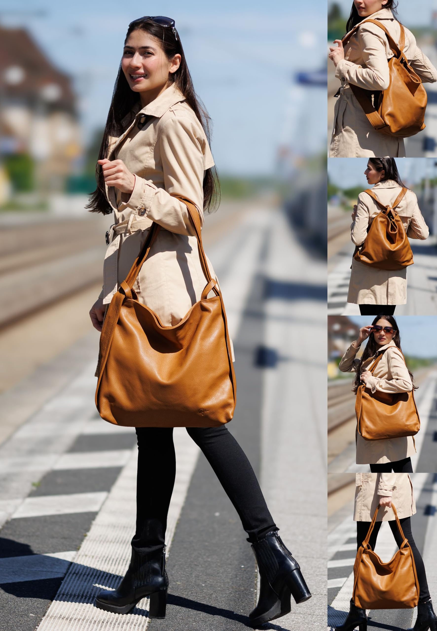 Caspar 2in1 Große Leder Rucksack Schultertasche XL Elegante Damen Handtasche - PREMIUM LINE - Modell No.786 - Made in Italy
