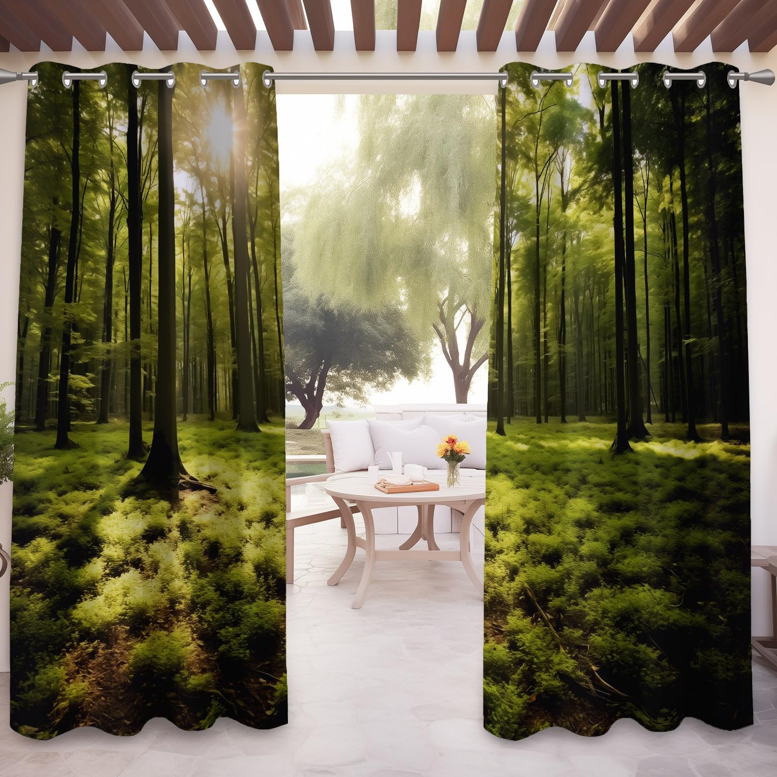 Generisch Vorhänge Natürliche Landschaft Gardinen Verdunkelung Blickdicht mit Ösen für Schlafzimmer H 245 x B 100 cm (2er Pack), Wald Wiese Sonne Bedruckte ThermoVorhang für Wohnzimmer