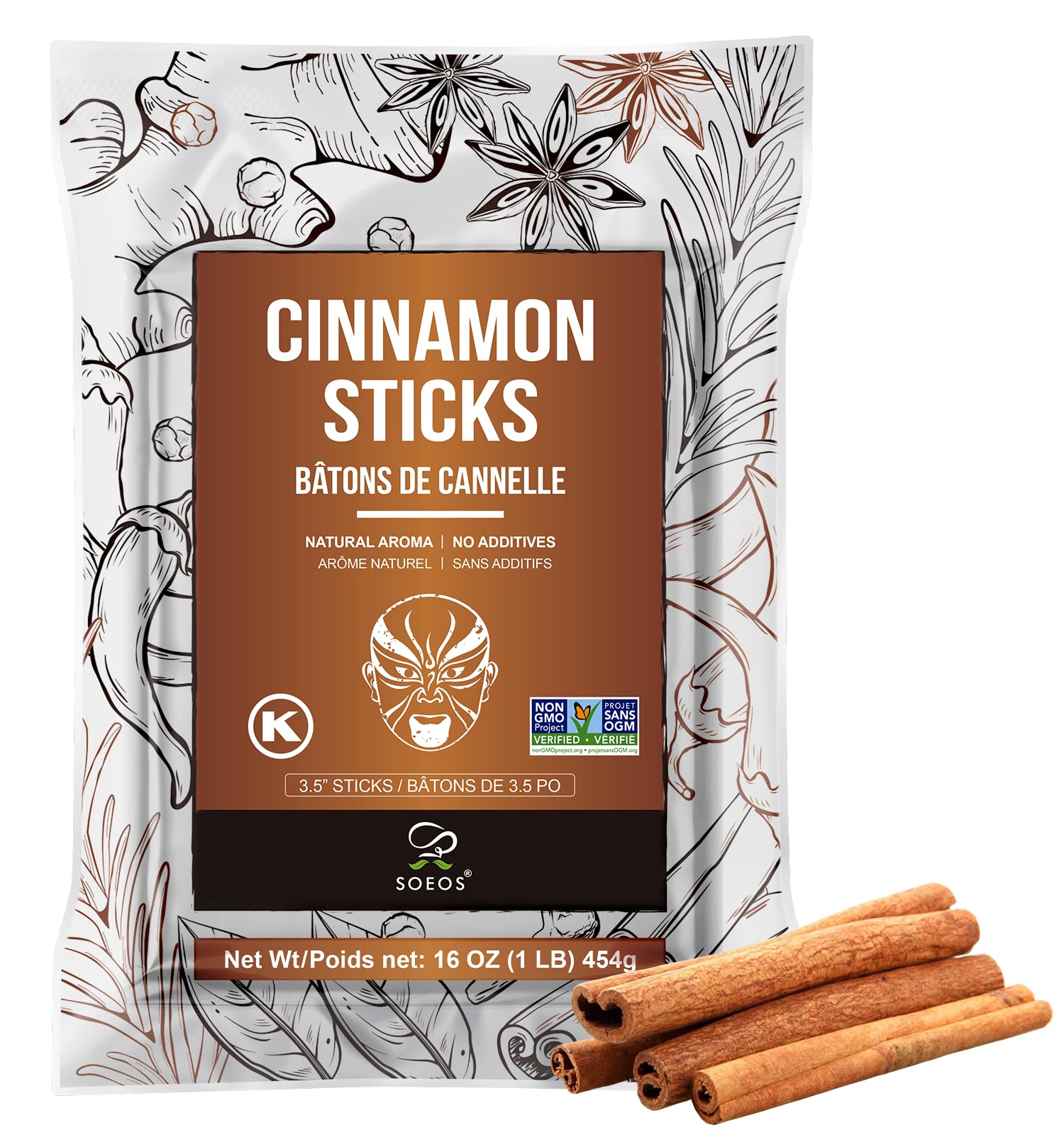 Soeos Cinnamon Sticks, 16 oz (454g), 3.5" Length, 100% Raw, Non-GMO, Kosher Certified, Whole Cinnamon Sticks Seasoning Spice for Coffee, Baking, Cooking and Beverages