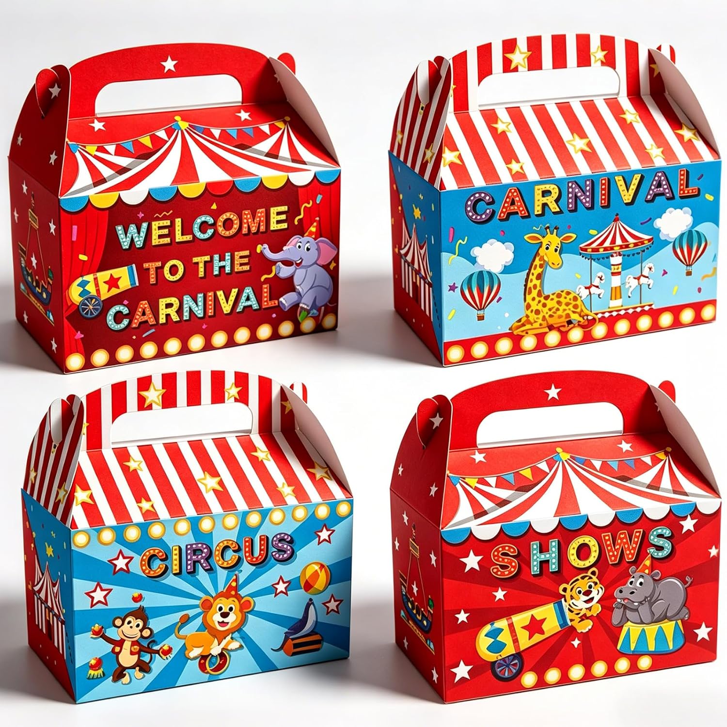 jeowicti 12 Pack Circus Party Favor Boxes Gift Circus Pattern Boxes Gift Folding Paper Goodie Candy Treat Paper Box Goodie Box with Handles Circus Gift Bags Birthday Party Decorations Supplies