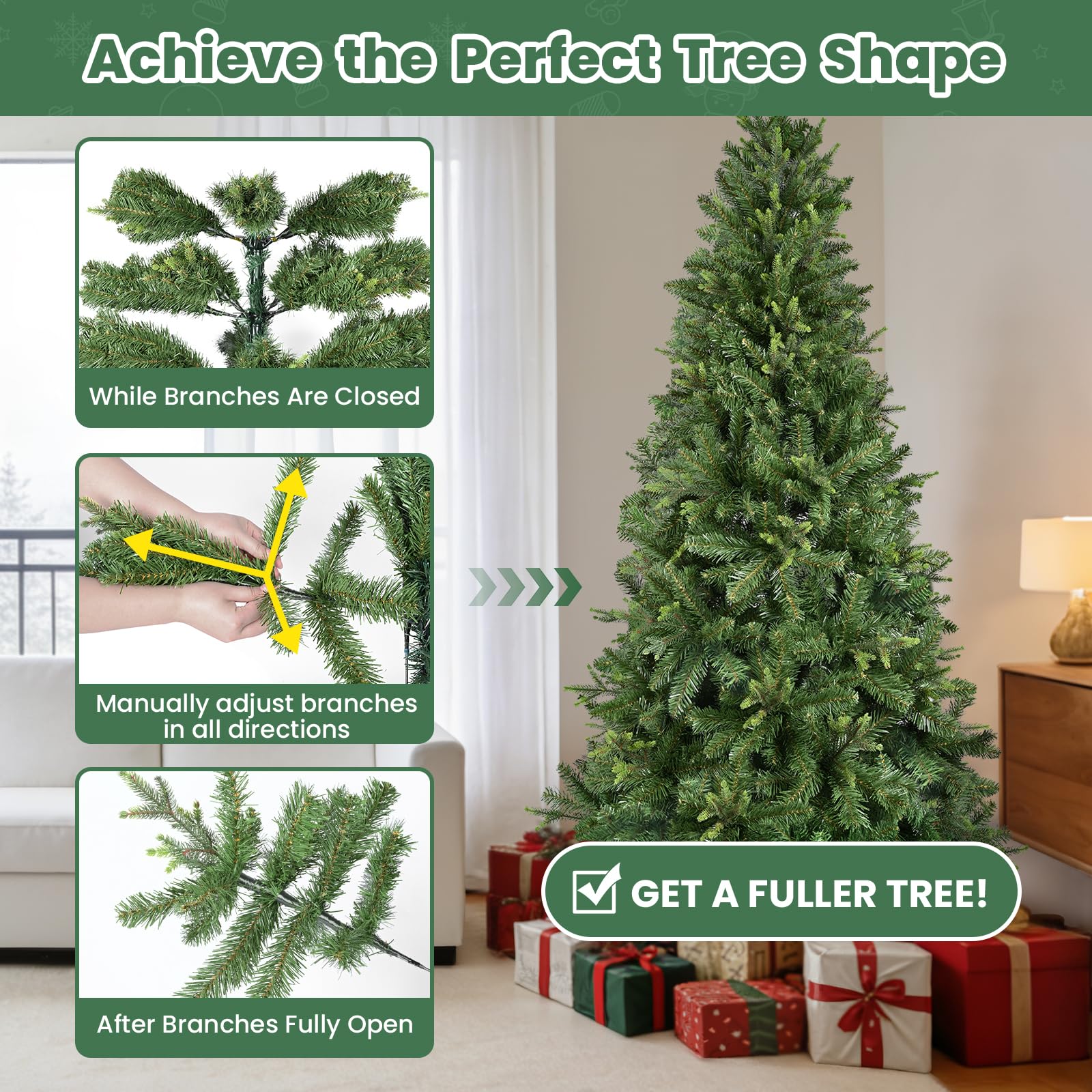 YEAUPE PRO Árbol de Navidad Artificial 165 cm con 800 Puntas, PVC + PE | Base Metálica Resistente Incluyendo una Cinta Decorativa de 9 m | para Interior y Exterior