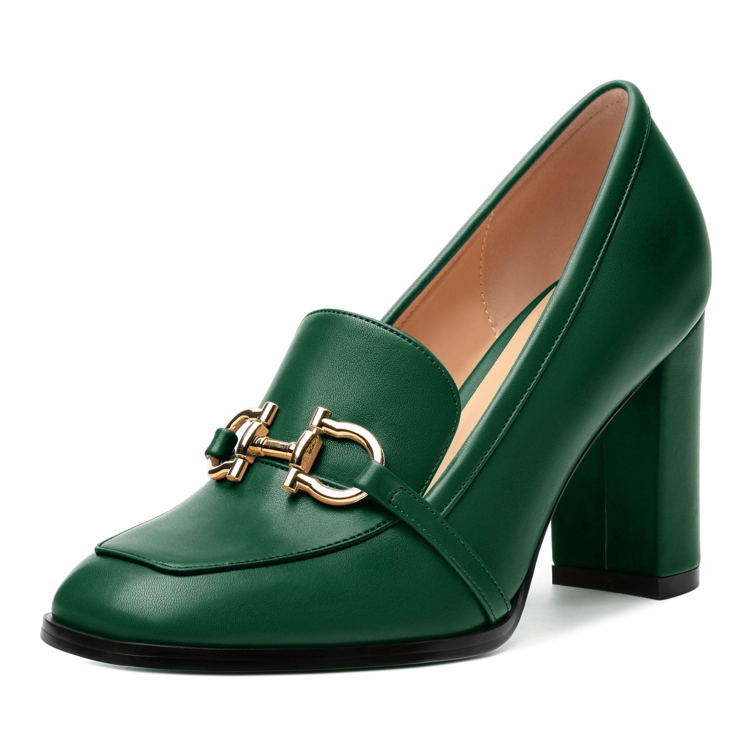 WEANDWEI Women's Loafers - Square Toe High Heels Shoes for Women, Metal Buckle Fashion Women's Pumps Shoes for Party Dress Wedding Office