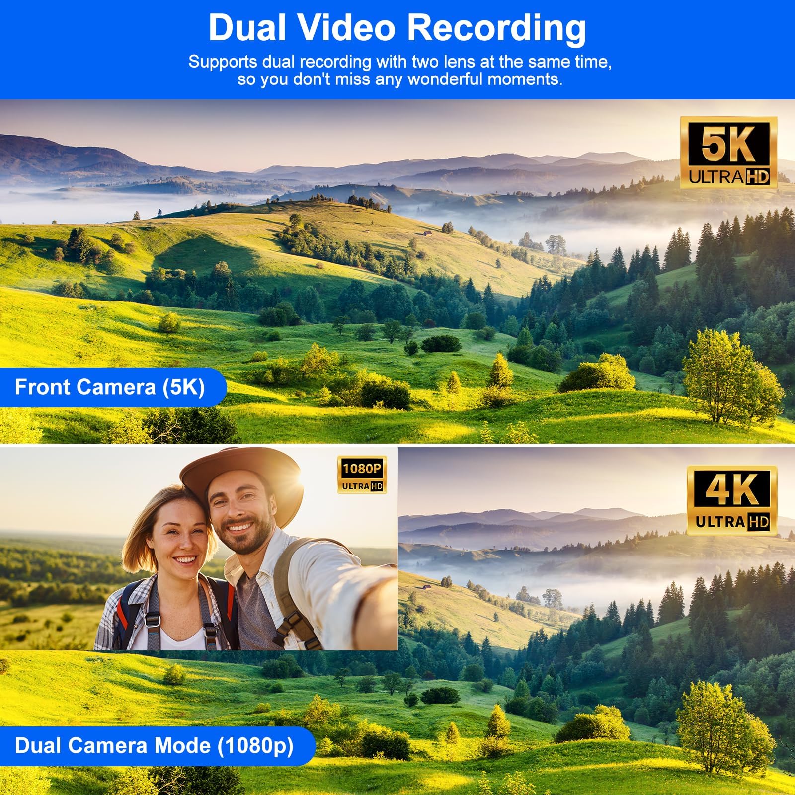 Camcorder Video Camera 5K, Dual Lens Vlogging Camera for YouTube, 3” 270° Rotatable Touchscreen WiFi 56MP Night Vision Cam Corder with 64GB SD Card, Microphone, Tripod, Stabilizer, Remote, Batteries