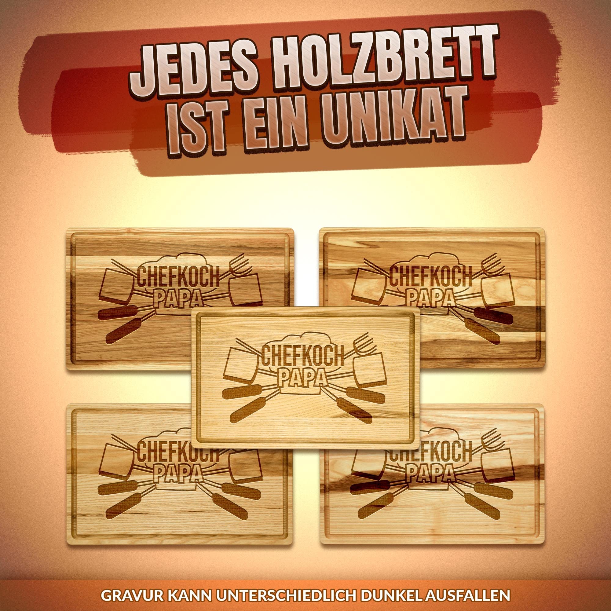 Großes Holzbrett mit Gravur - Chefkoch Papa - Schneidebrett gravieren| Eschenholz, 40 x 25 x 2 cm, Geschenk mit Gravur, Geschenk für Papa